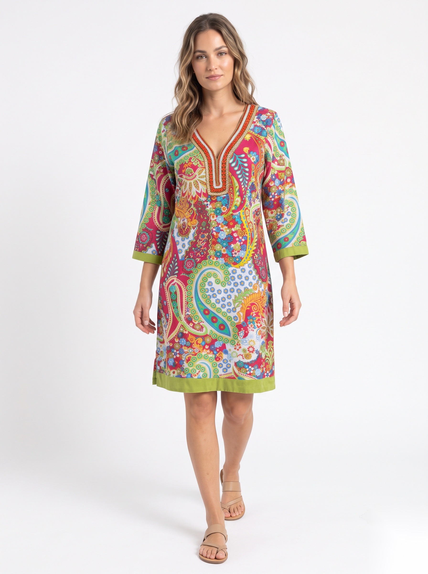 Multicolour paisley print kaftan dress with green trim worn by a model, KK Fashion Exports