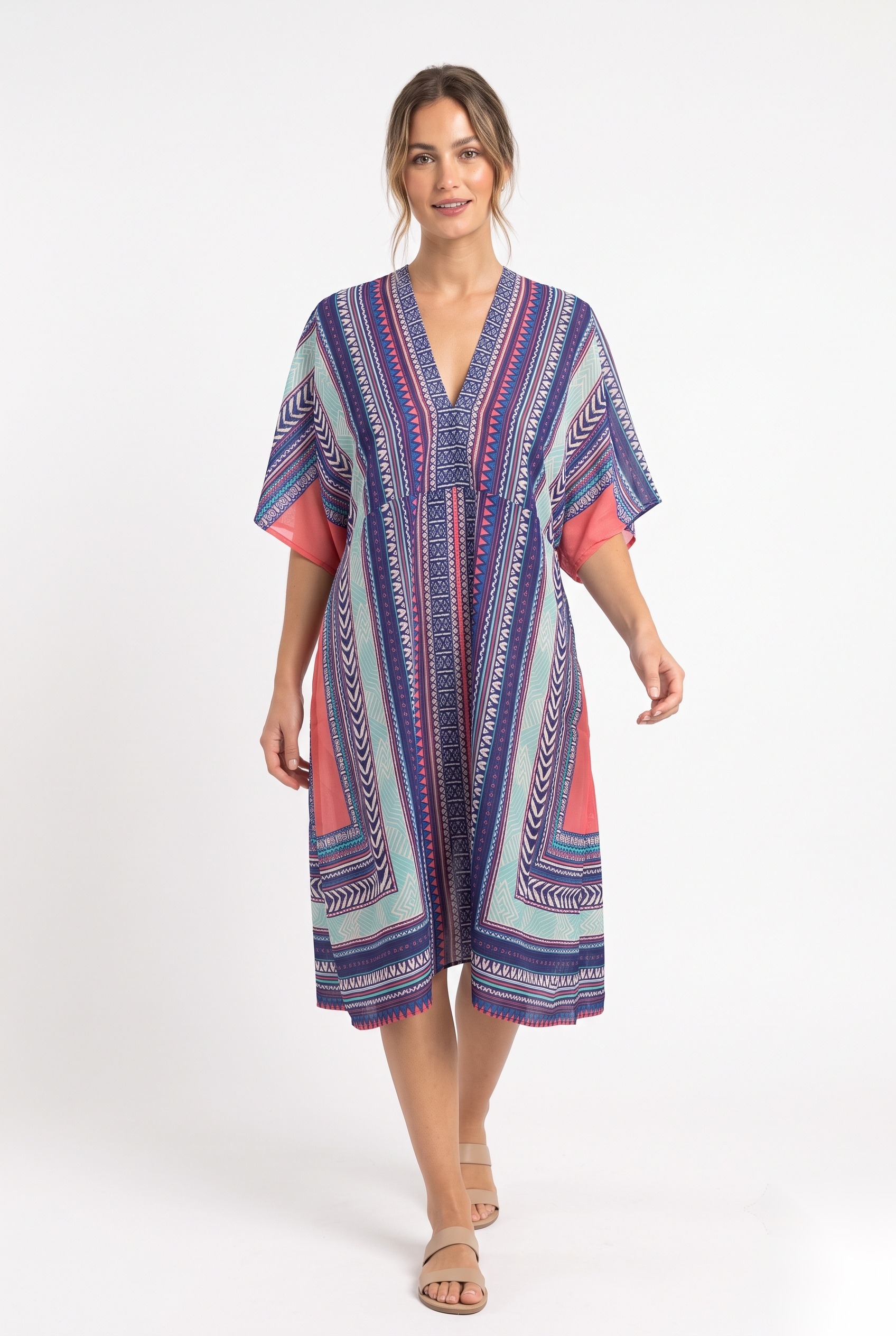 Blue and pink striped print kimono dress with V-neck worn by a model, KK Fashion Exports