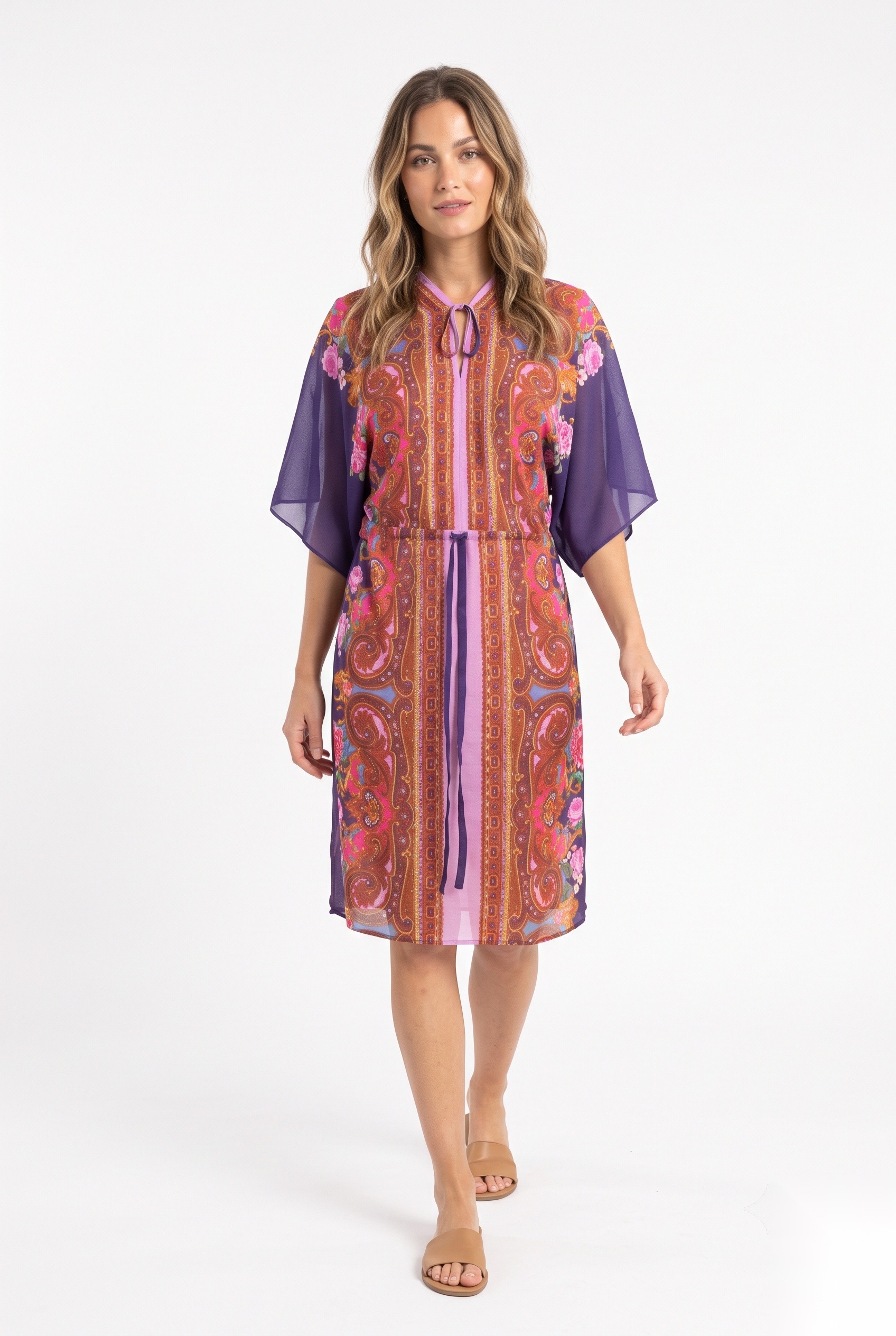 Purple and red paisley print kimono dress with tie waist worn by a model, KK Fashion Exports