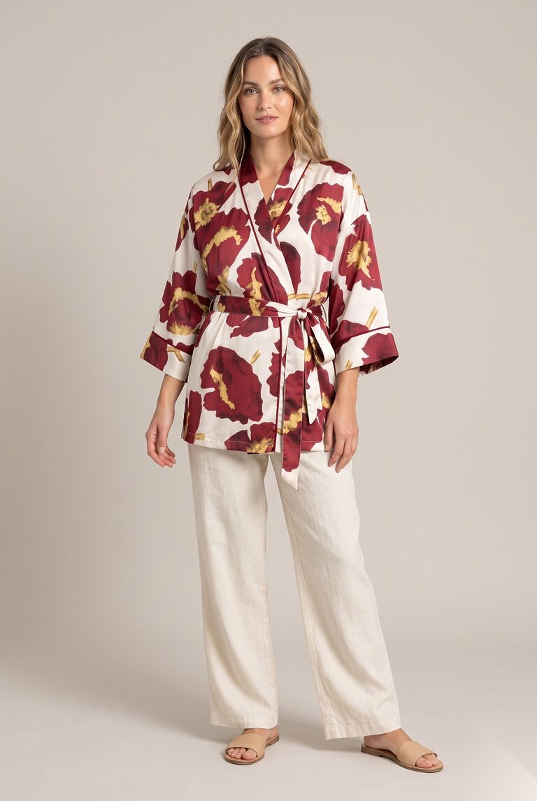 Hoftelang kimono i sateng med kontrastpiping og trykk av store, markante blomster med bølgete kronbladkanter.