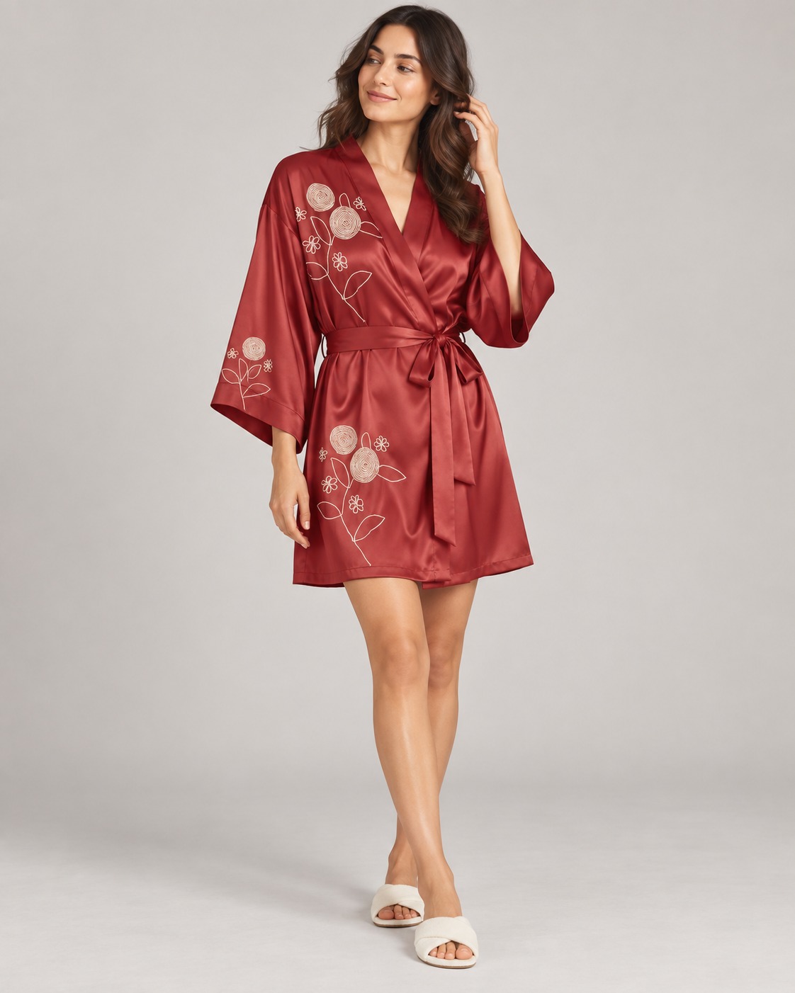 Satin short robe-style kimono with a belt in a single placement stem with outline flowers and circular buds print.