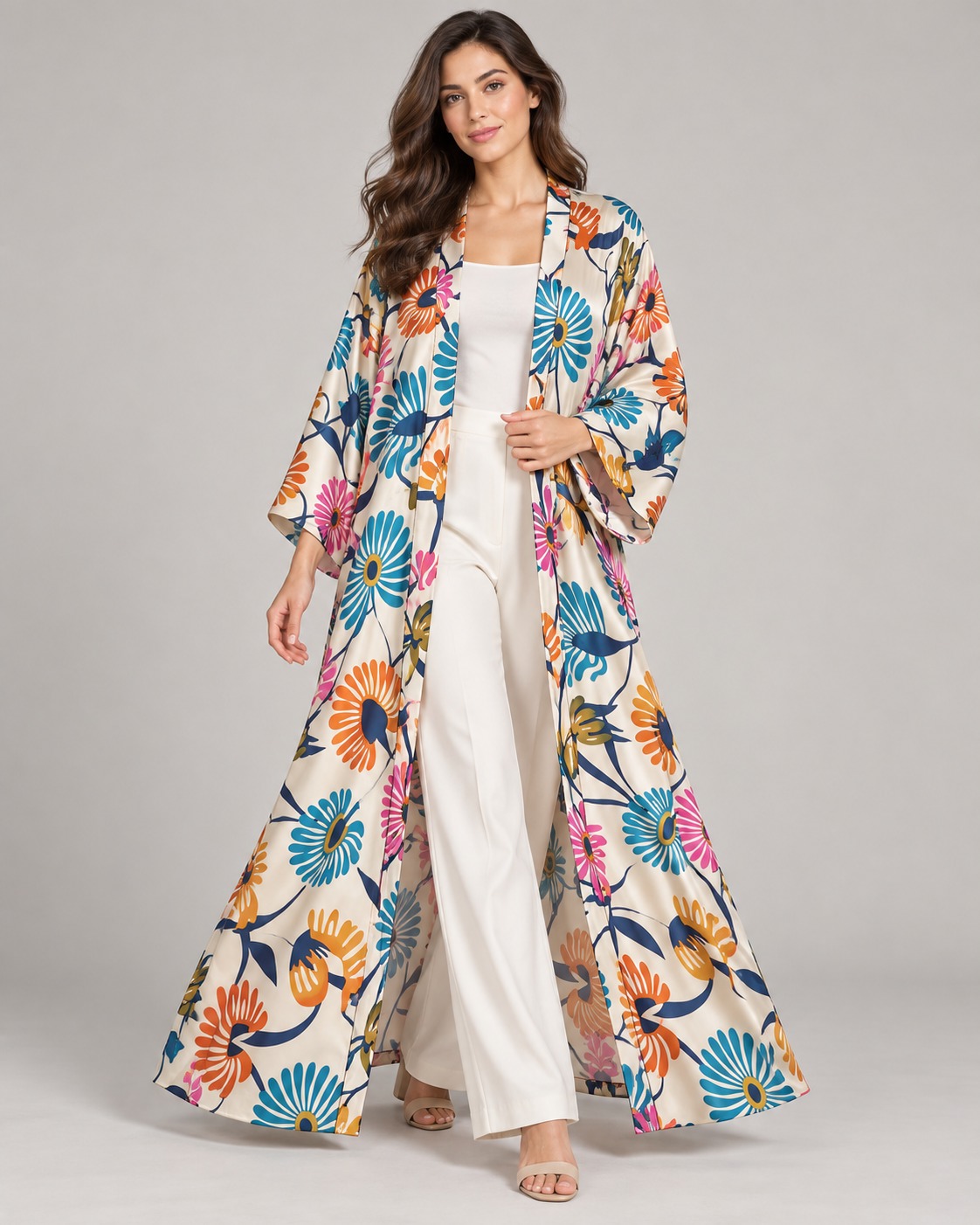 Satin long duster kimono in a stylized fan-shaped flower heads on slender winding stems print.