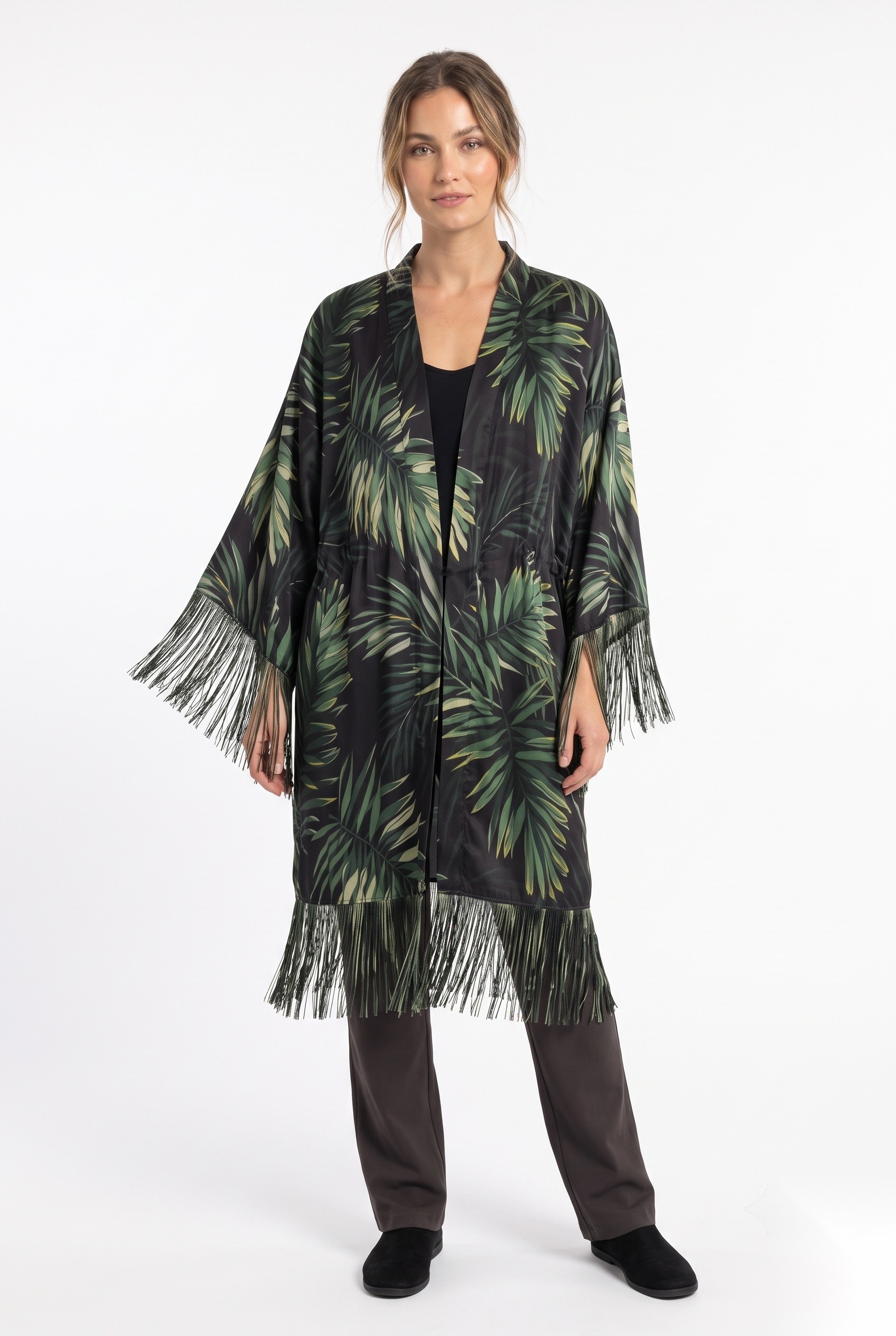 Satin kimono jacket with fringe trim in a Dense overlapping tropical palm fronds with pointed leaflets print.