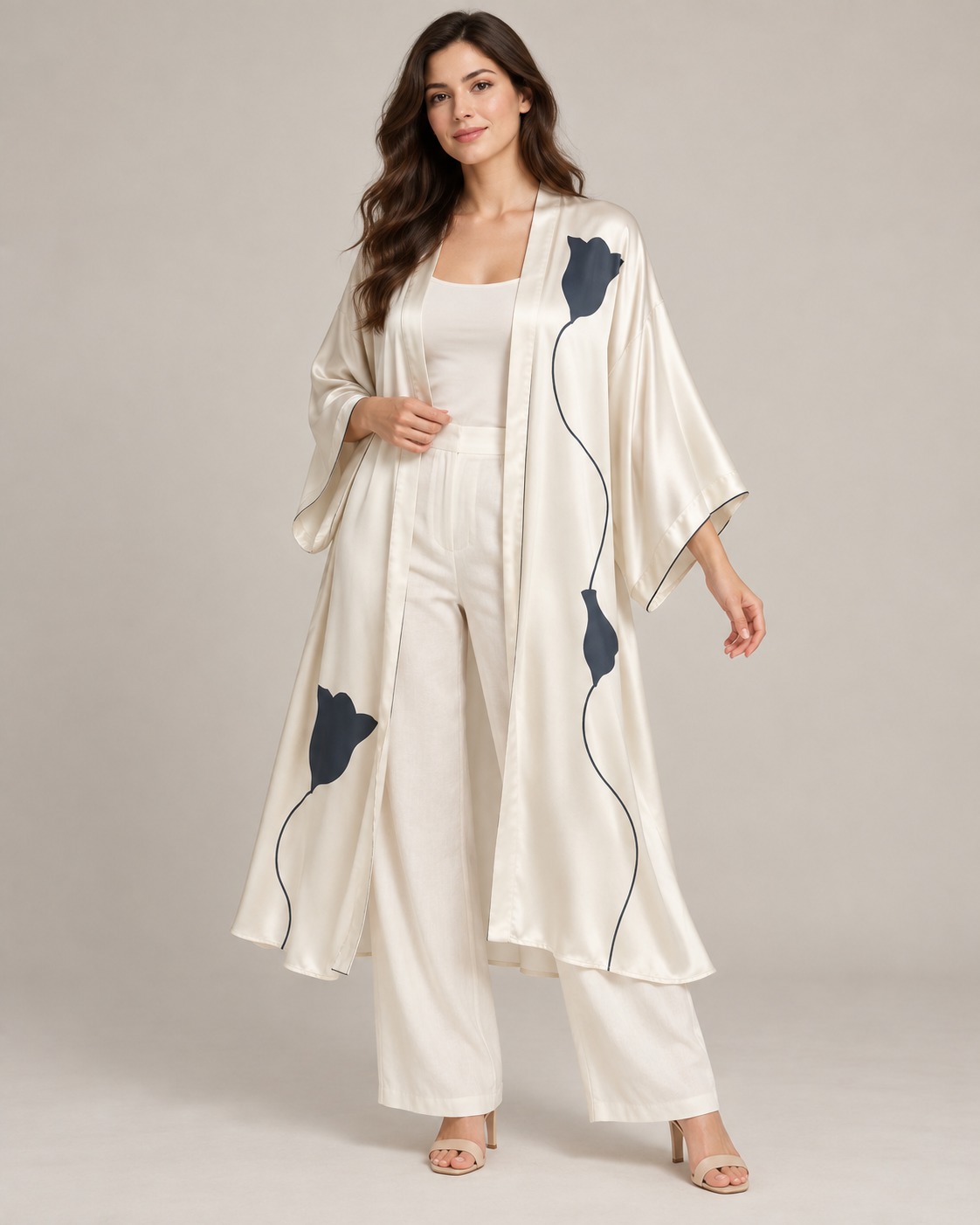 Satin wide-sleeve open kimono over a plain camisole in a single stylized bellflower silhouette with wavy stem placement print.