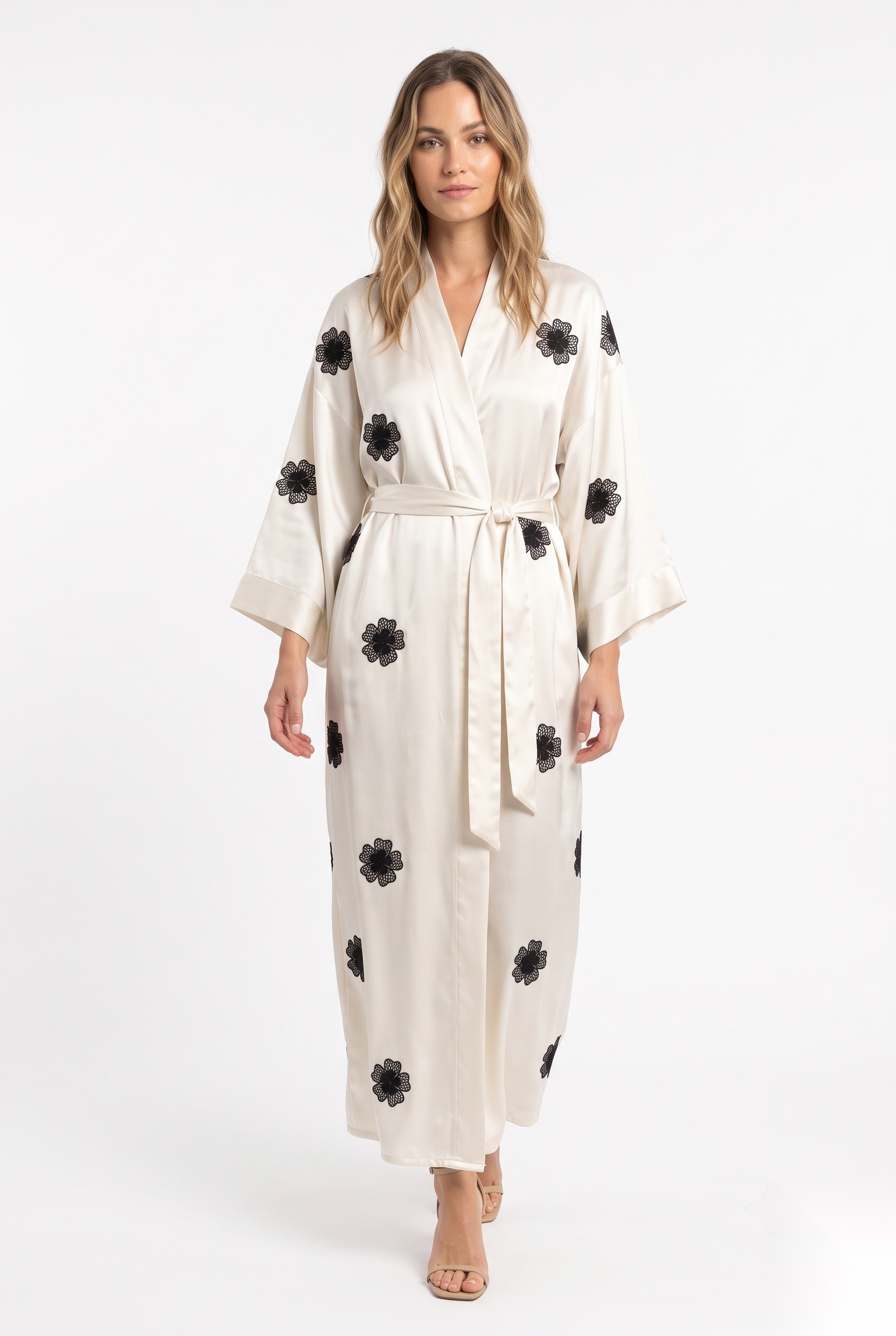 Satin belted ankle-length kimono in a isolated six-petaled flower placement print.
