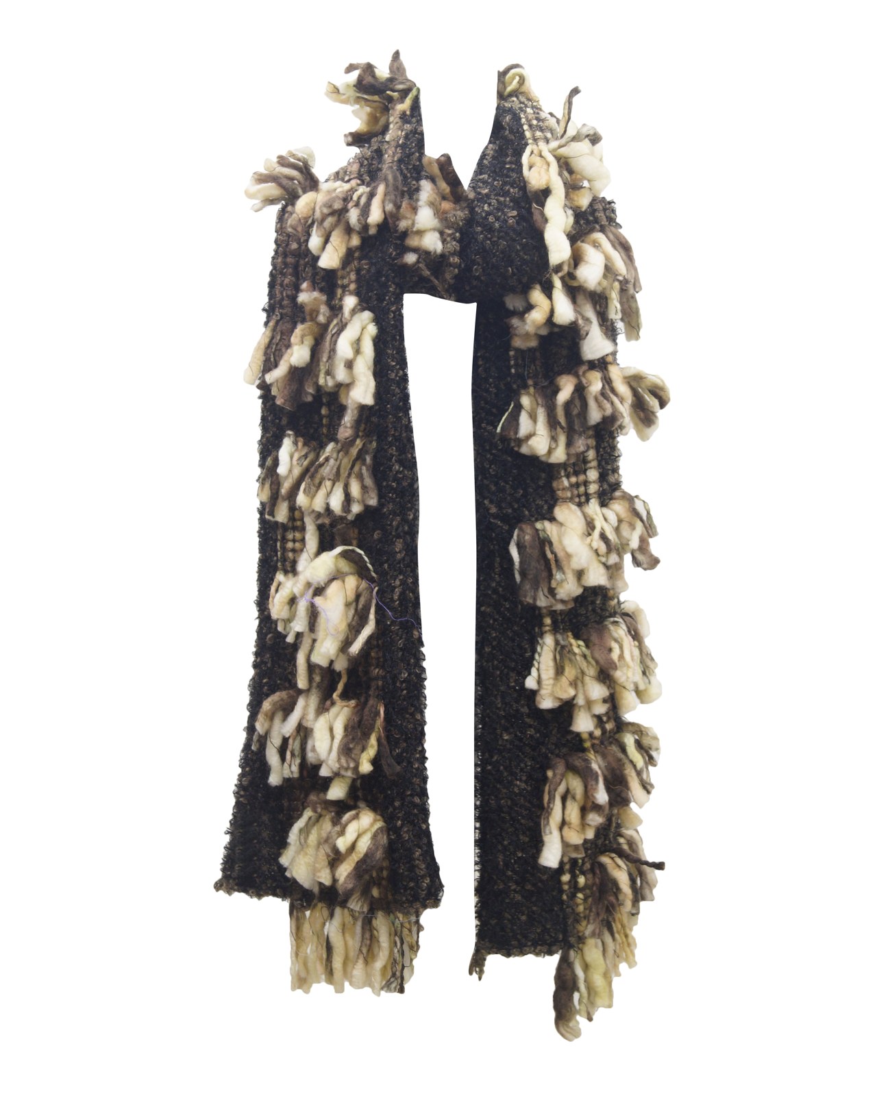 Black and cream knitted scarf with loop fringe