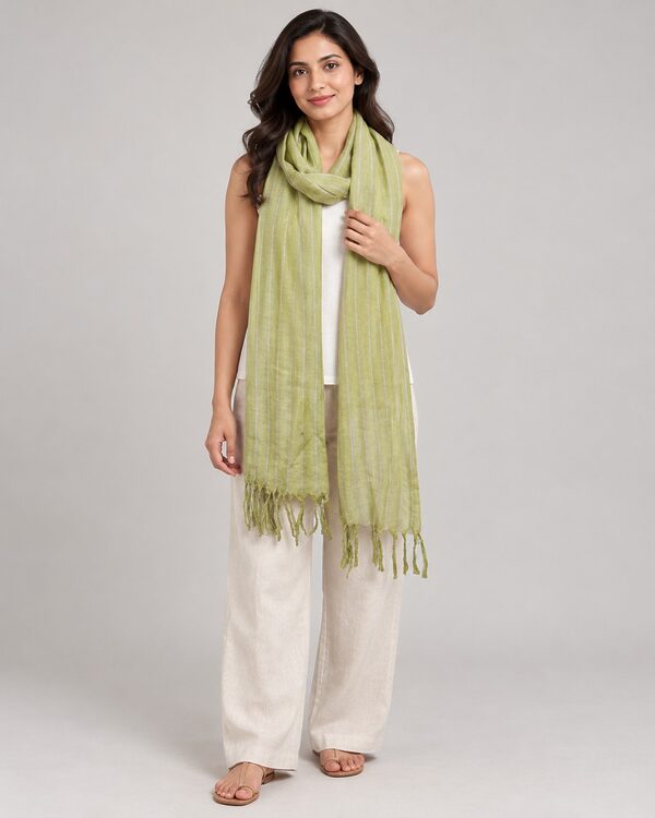Lime green striped linen handloom scarf with fringe worn by a model, KK Fashion Exports