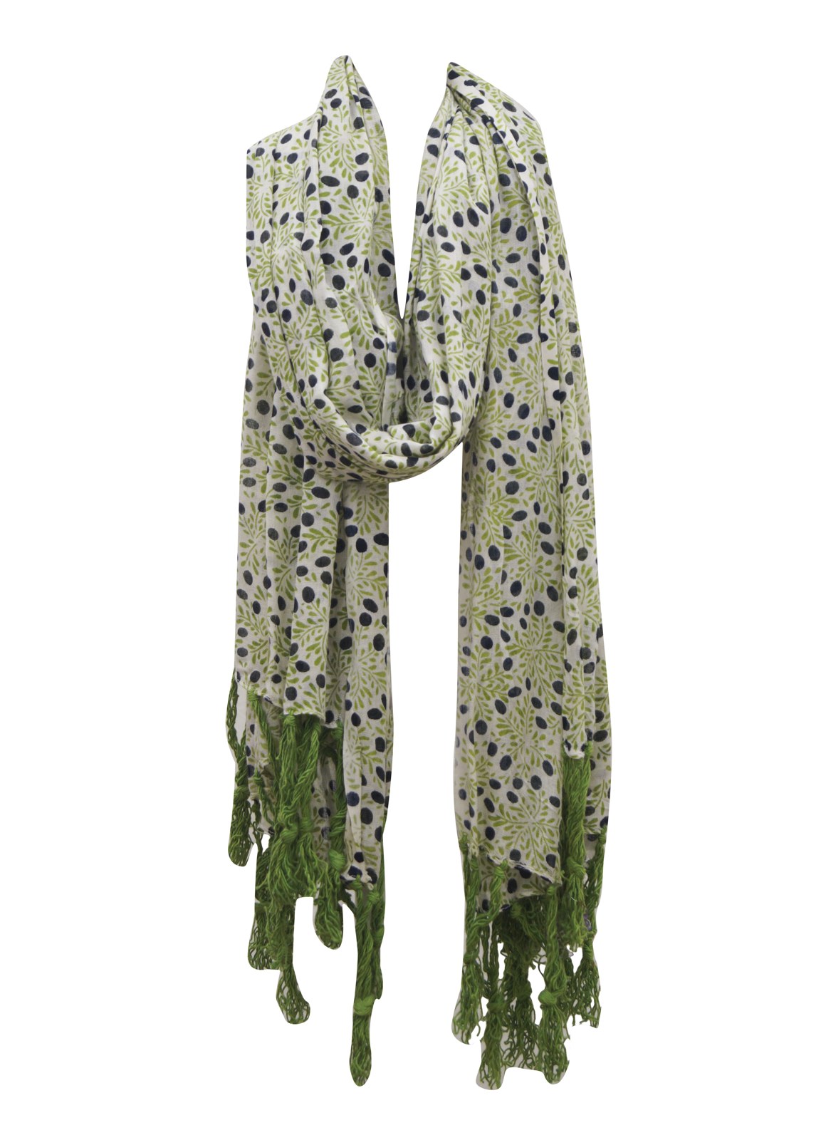Cream and navy printed scarf with fringe