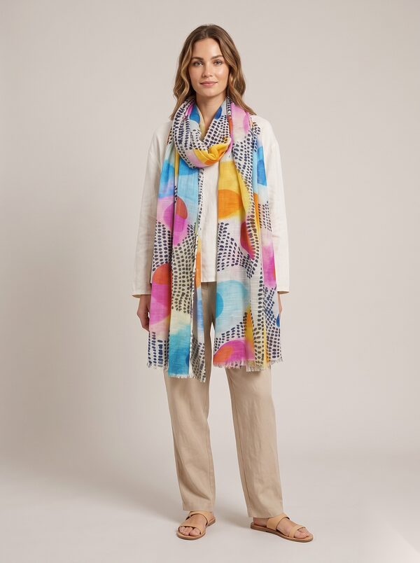 Multicolour abstract print linen scarf with dot pattern worn by a model, KK Fashion Exports