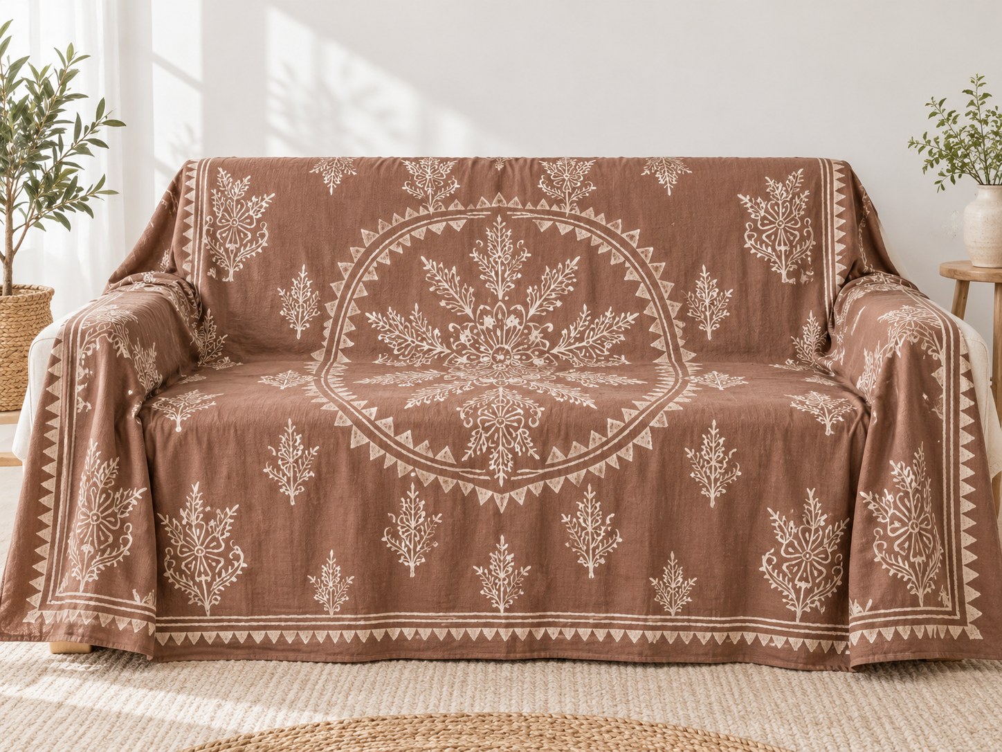 Brown block printed cotton sheet used as a sofa throw