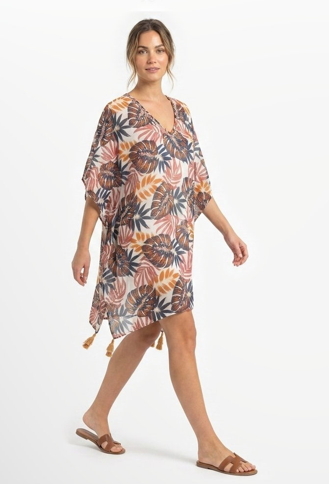 Short polyester chiffon kaftan with tassels in a brown, rust and cream leaf print.