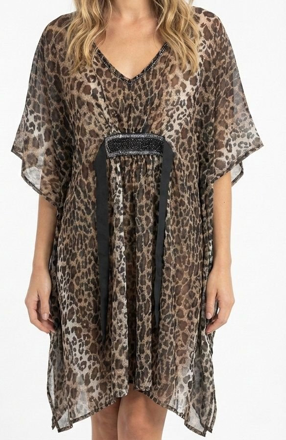 Sheer polyester kaftan in a brown leopard print with a beaded patch belt.