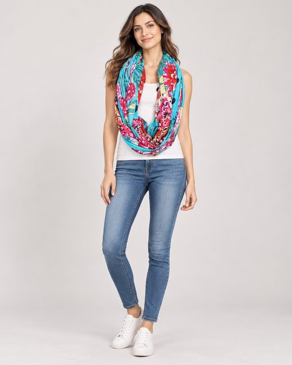 Turquoise and pink floral print polyester loop scarf worn by a model, KK Fashion Exports