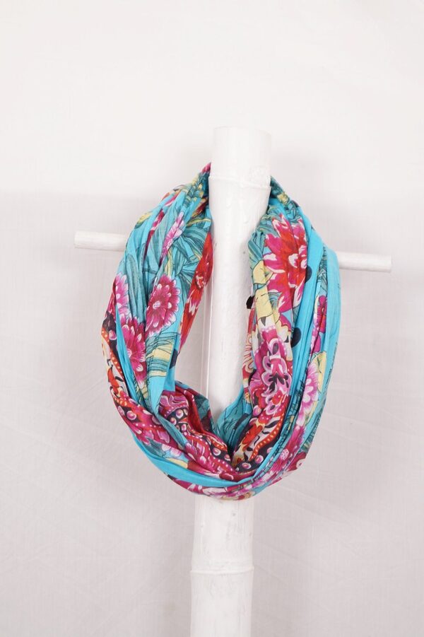 Turquoise and pink floral loop scarf
