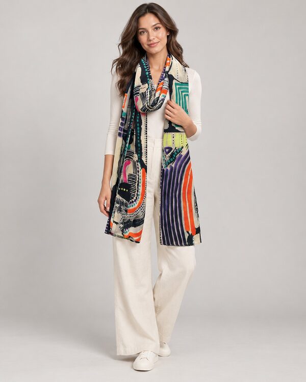 Multicolour abstract print polyester scarf worn by a model, KK Fashion Exports