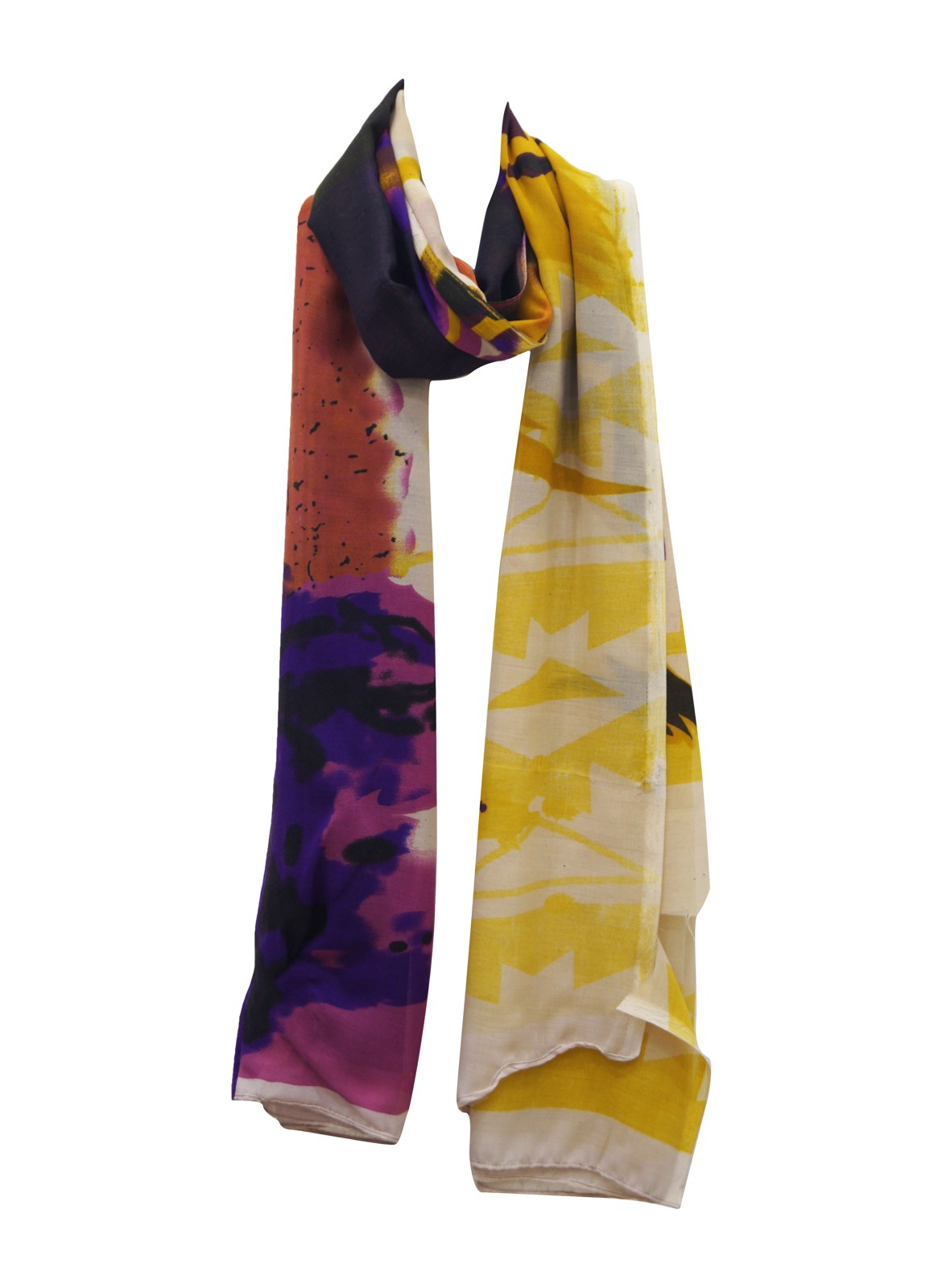Purple and yellow printed polyester scarf