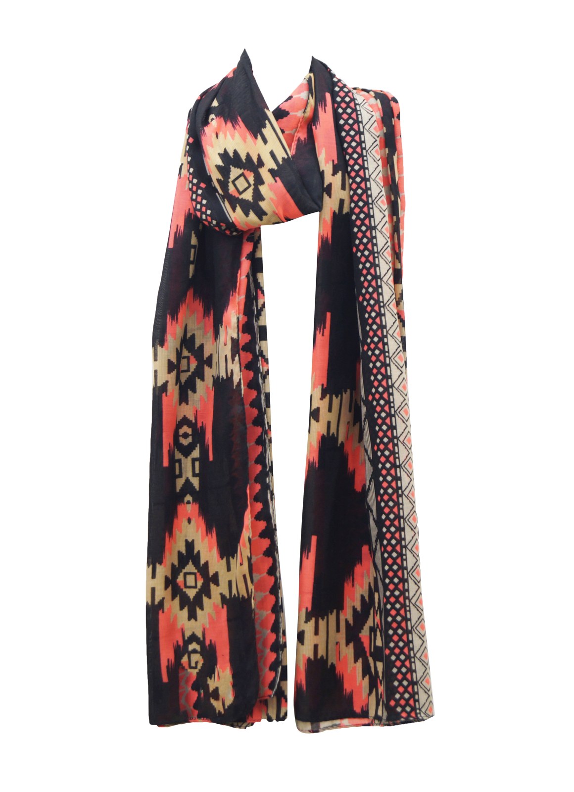 Red and navy aztec printed polyester scarf