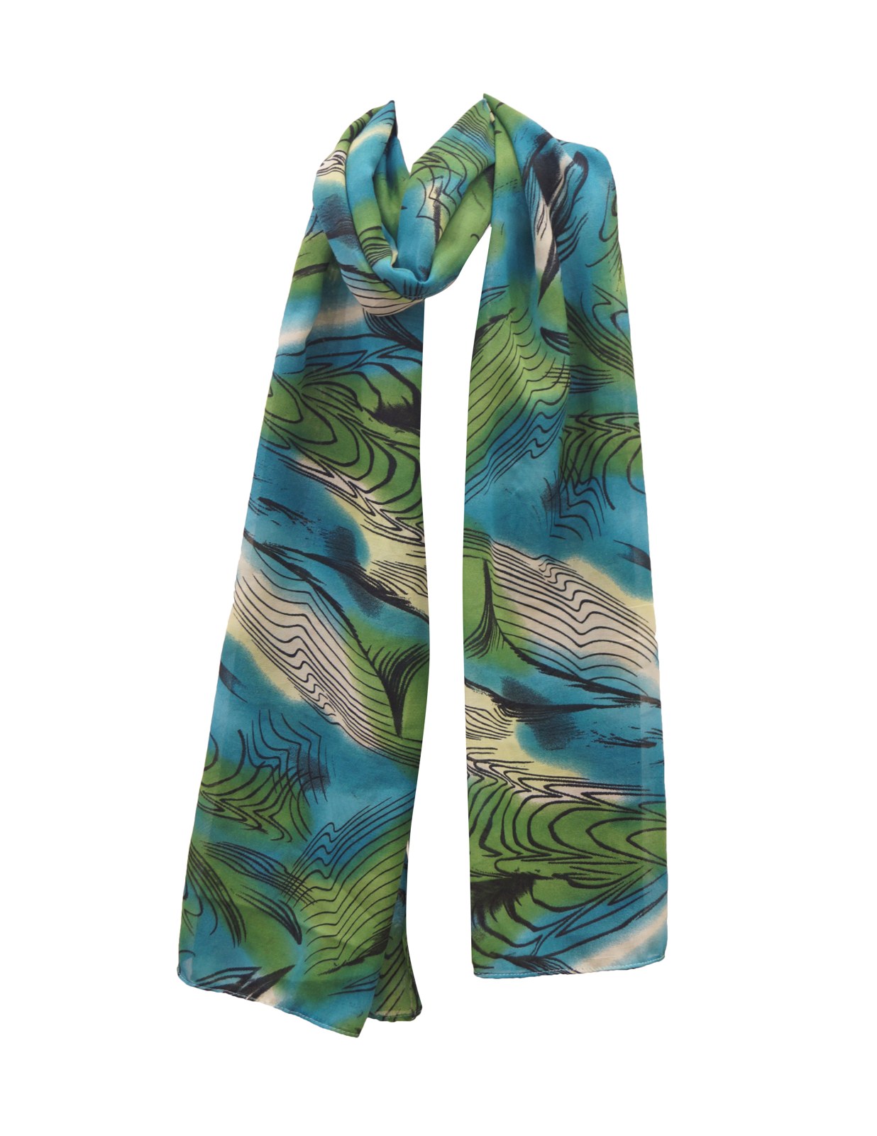 Green and blue printed polyester scarf