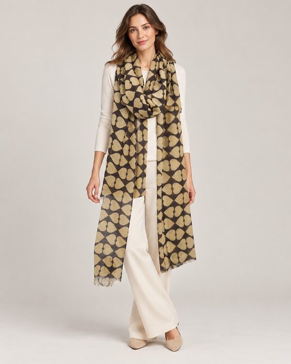 Olive and black geometric print polyester scarf worn by a model, KK Fashion Exports