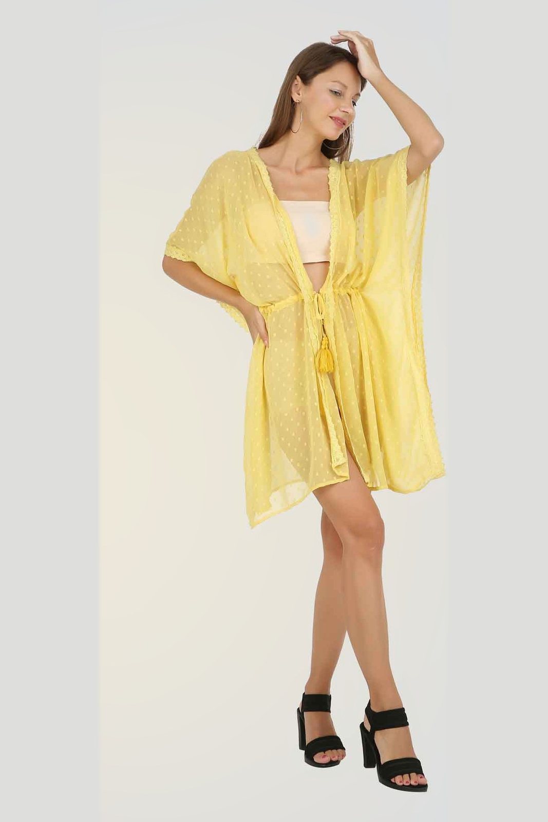 Sheer yellow polyester kimono with tie waist