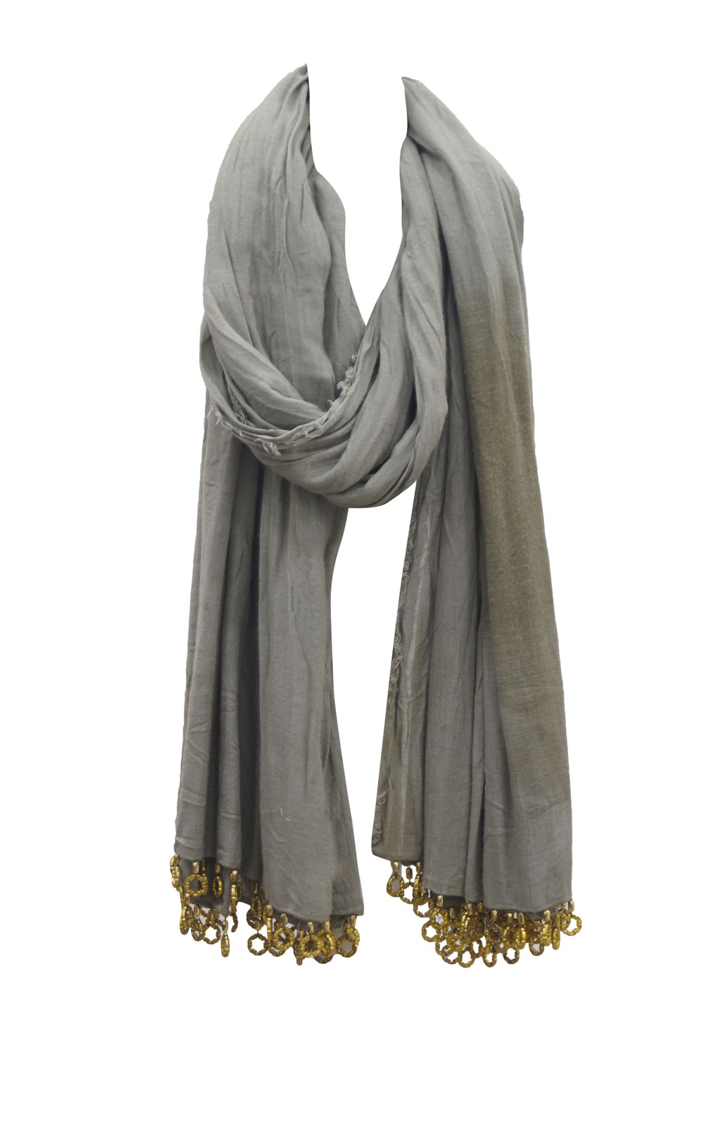 Grey solid scarf with beaded tassels