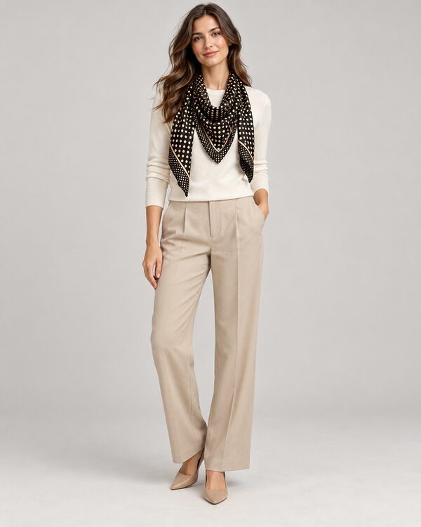 Black silk bandana with cream polka dots worn by a model, KK Fashion Exports