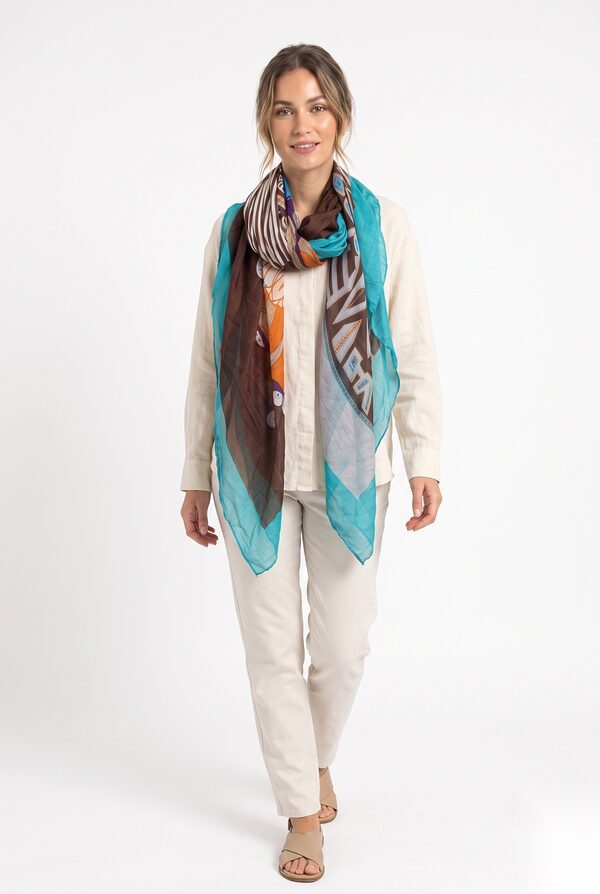 Turquoise, brown and orange print silk habotai scarf worn by a model, KK Fashion Exports