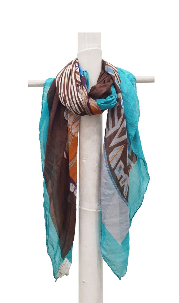 Turquoise and brown printed silk habotai scarf