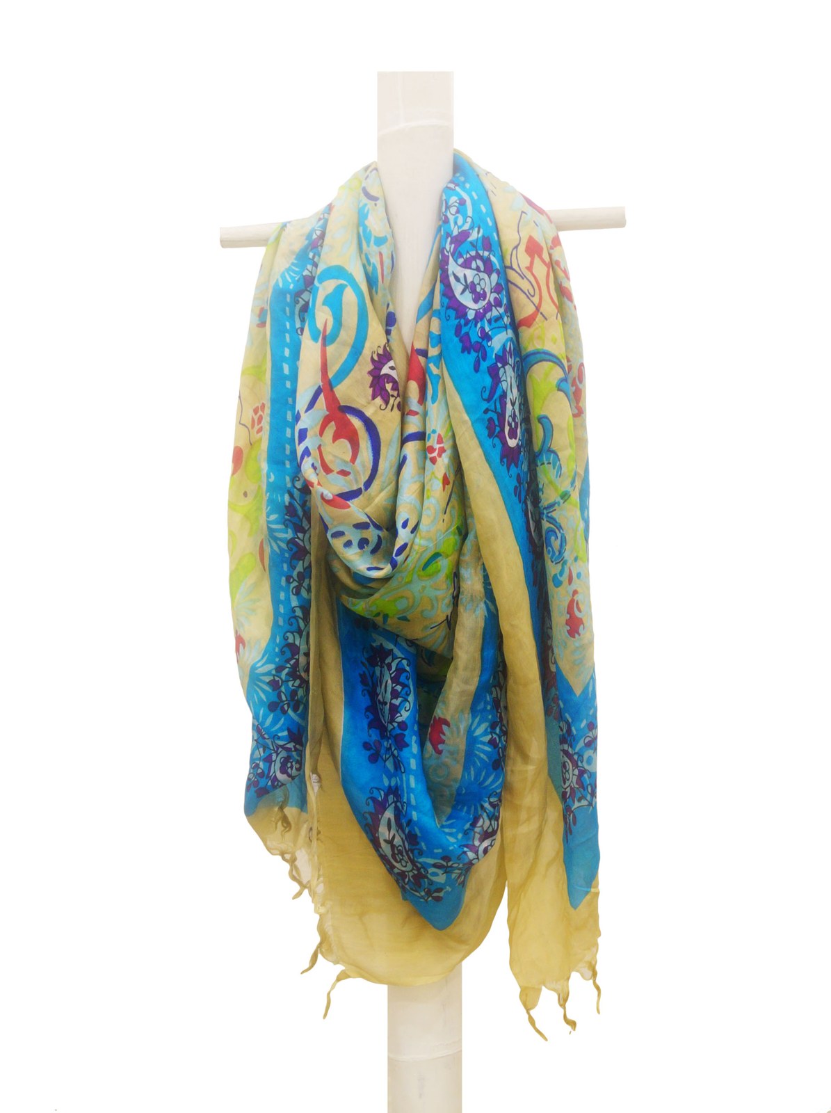 Blue and yellow printed silk habotai scarf