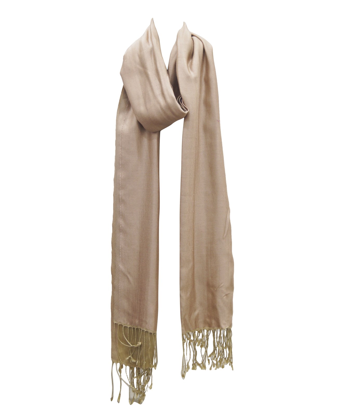 Beige solid silk stole with fringe