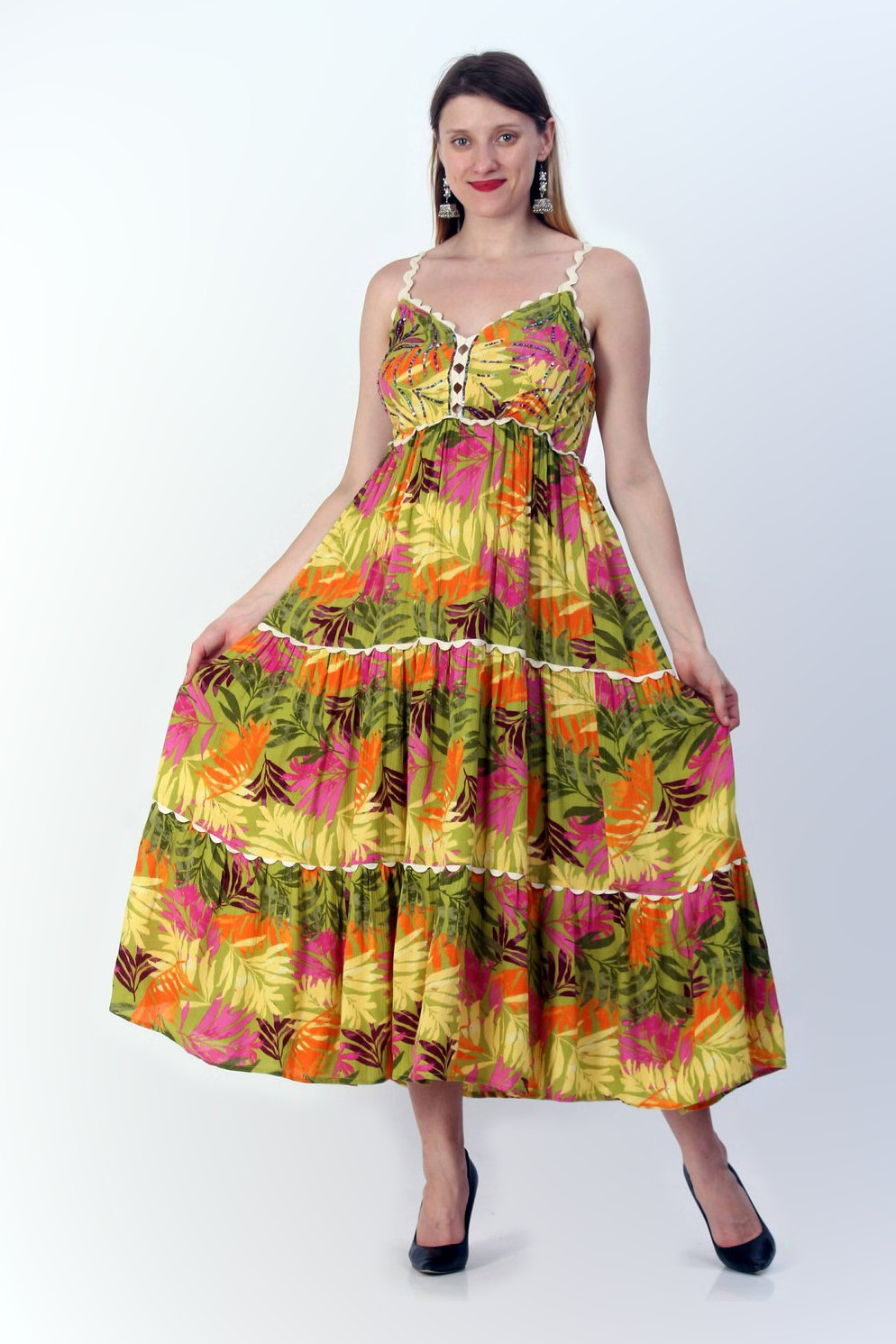 Strappy tiered viscose sundress in a yellow, green and pink tropical leaf print.