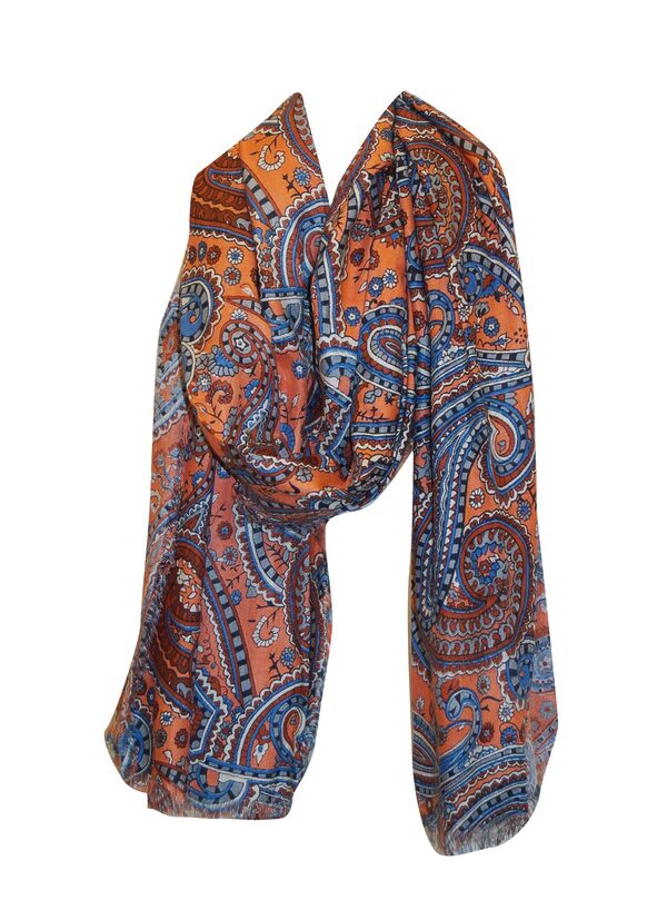 Orange and blue paisley printed viscose shawl