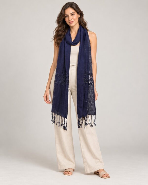 Navy viscose solid scarf with fringe worn by a model, KK Fashion Exports