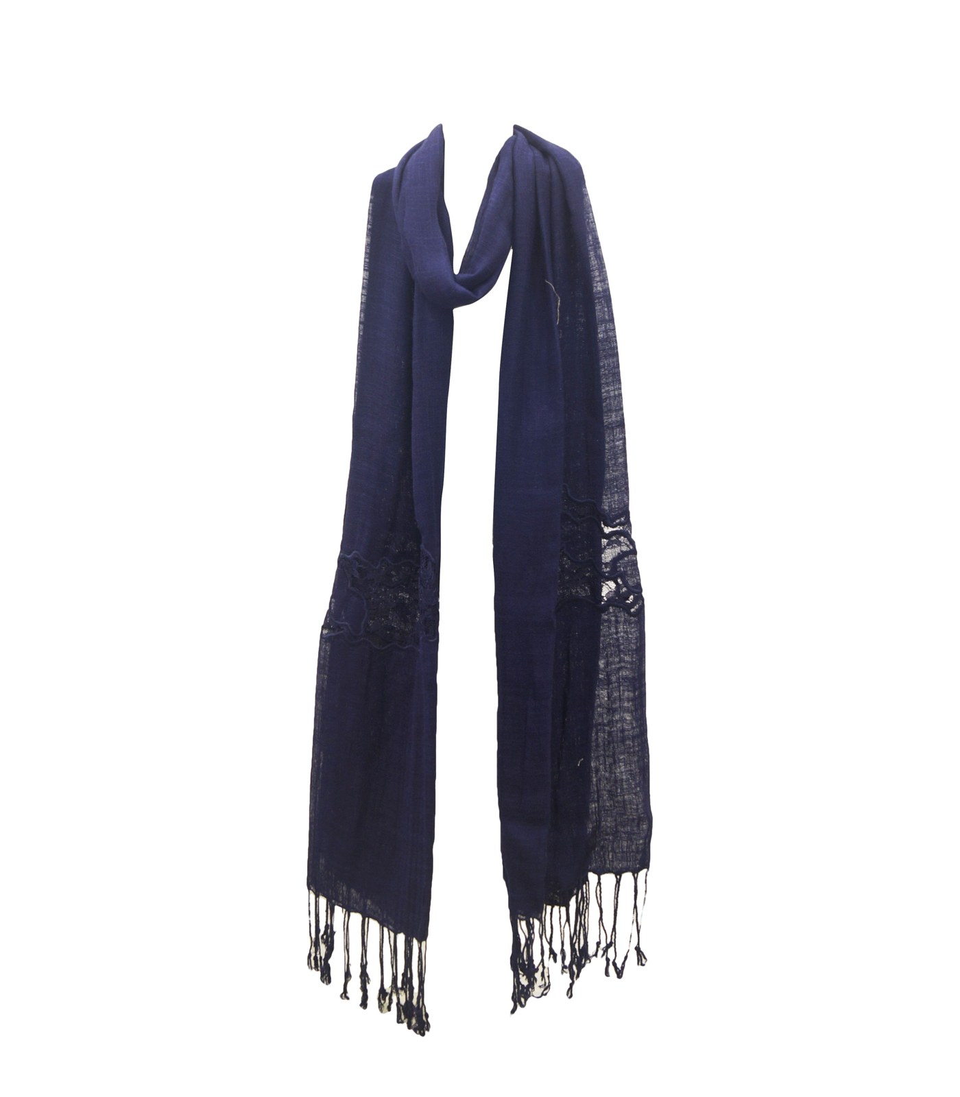 Navy solid viscose scarf with fringe