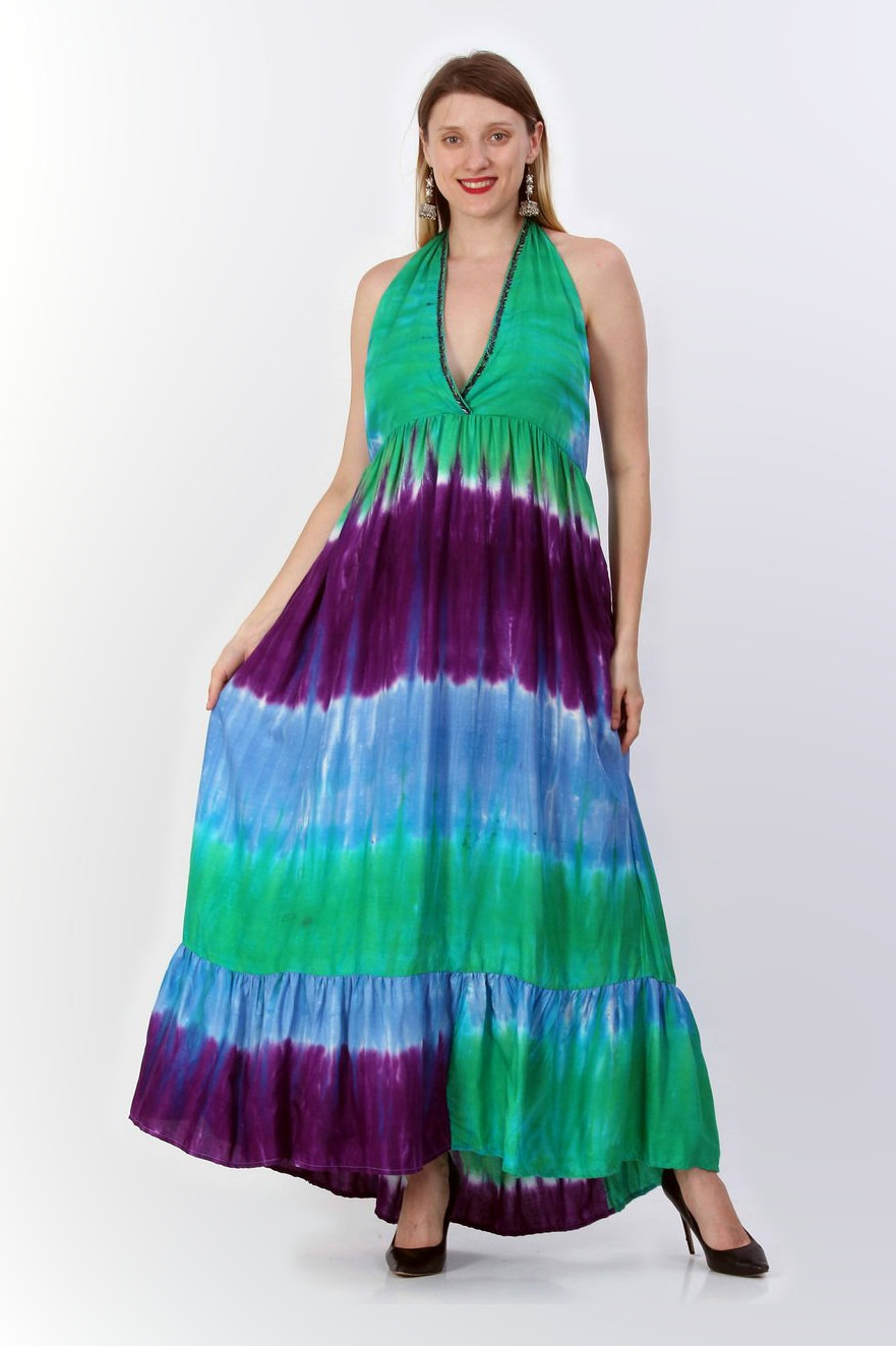 Halter-neck viscose maxi dress in green, purple and blue tie-dye bands.