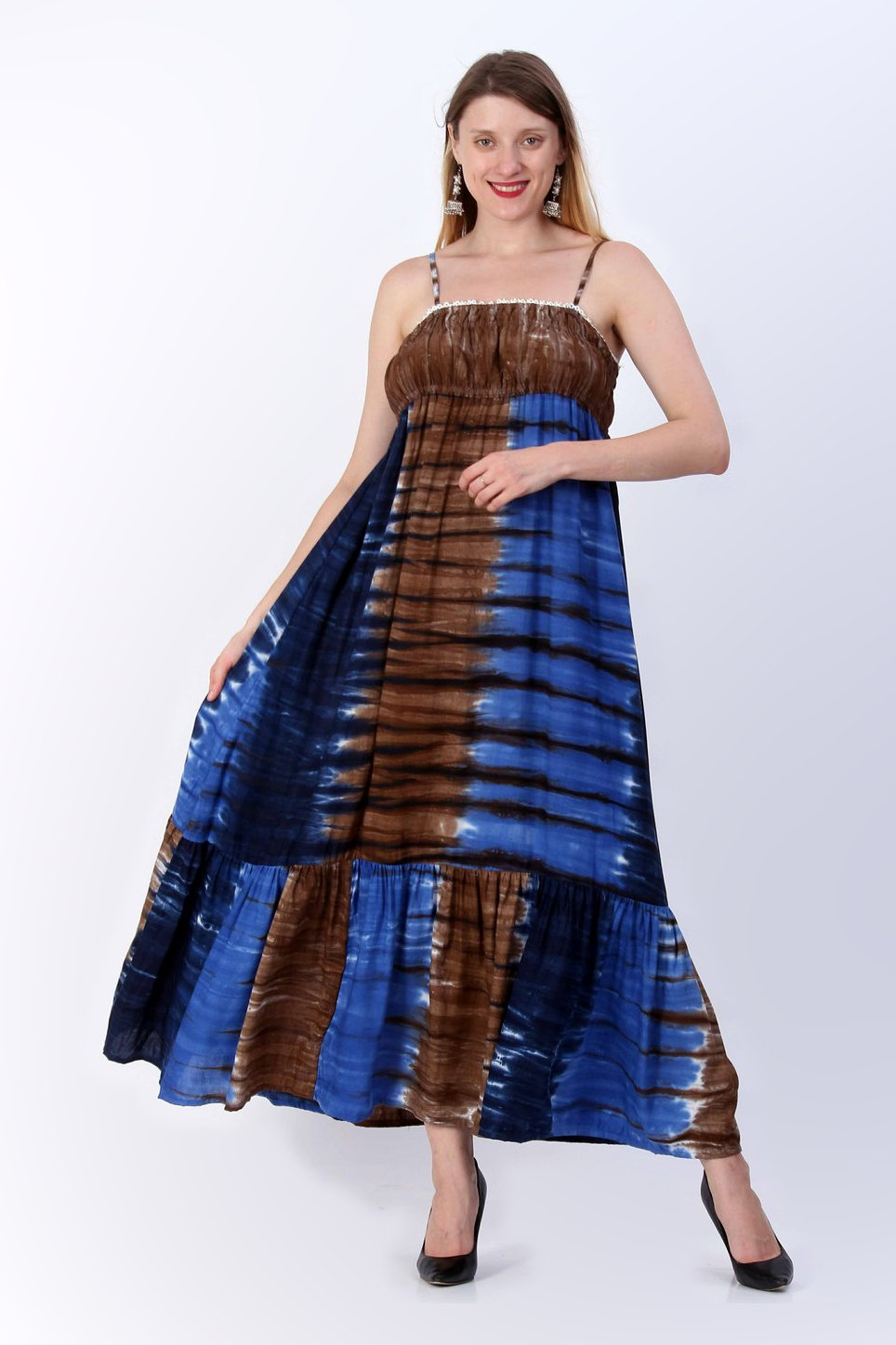 Strappy viscose maxi dress with a smocked bodice in a blue, brown and white tie-dye stripe.