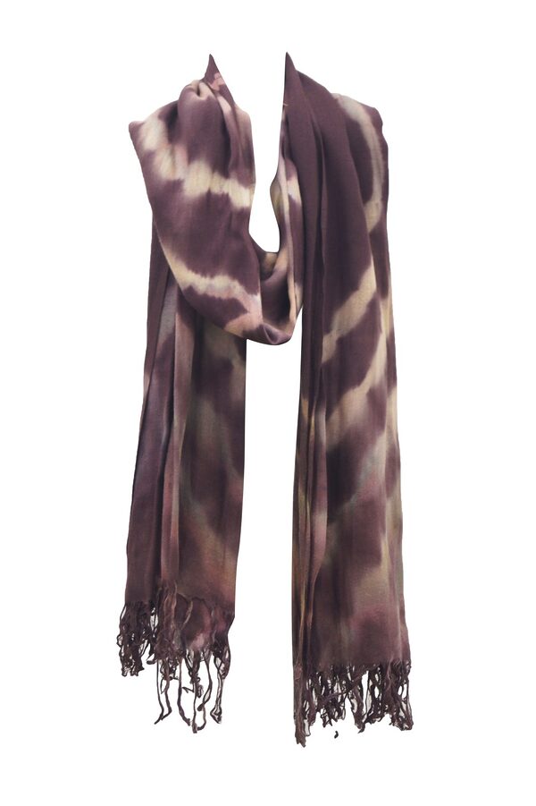 Brown and white printed modal scarf with fringe