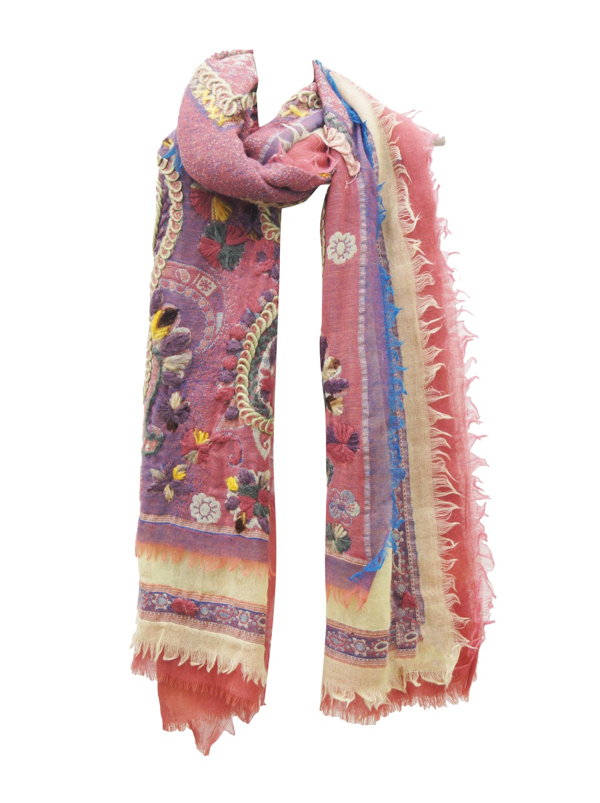 Pink and cream printed wool scarf with fringe