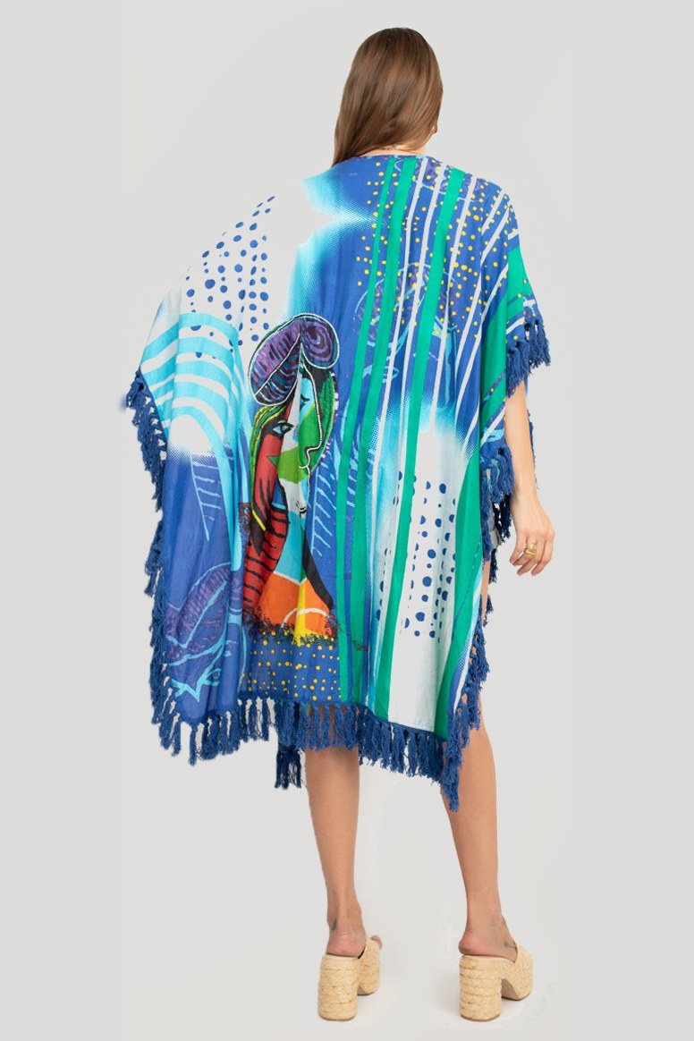 Cotton printed kimono with blue tassel fringe, bakfra
