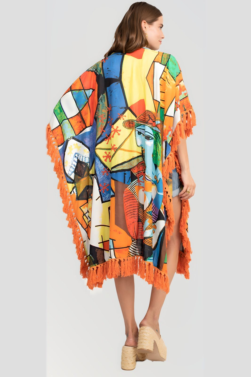 Cotton printed kimono with abstract print and orange tassel fringe, bakfra