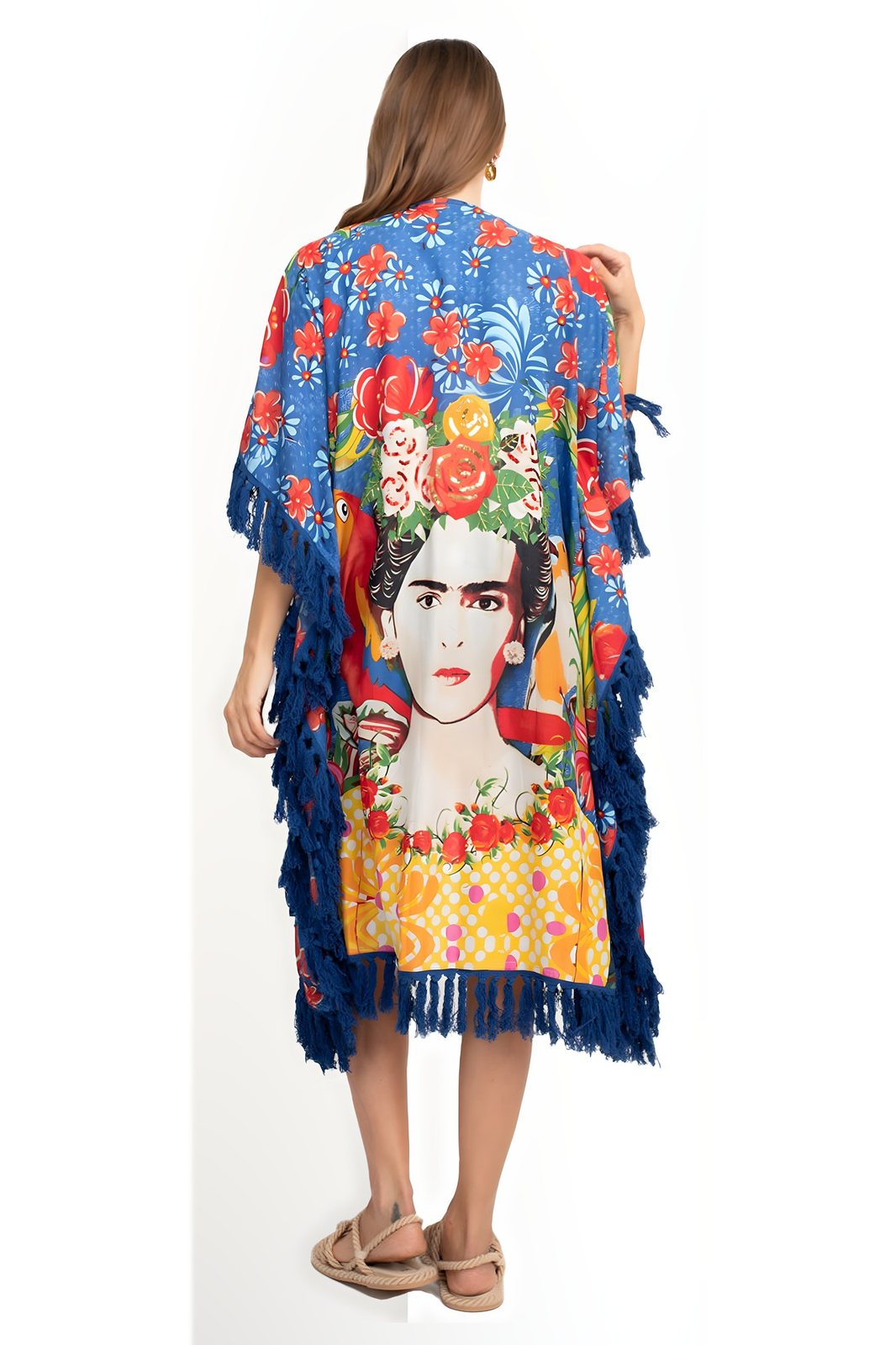 Cotton printed kimono with floral portrait print and tassel trim, bakfra
