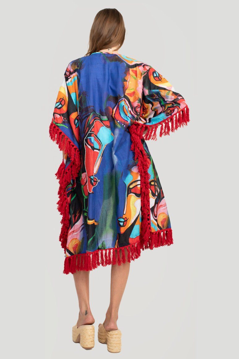 Cotton printed kimono with red tassel fringe and hand embroidery, bakfra