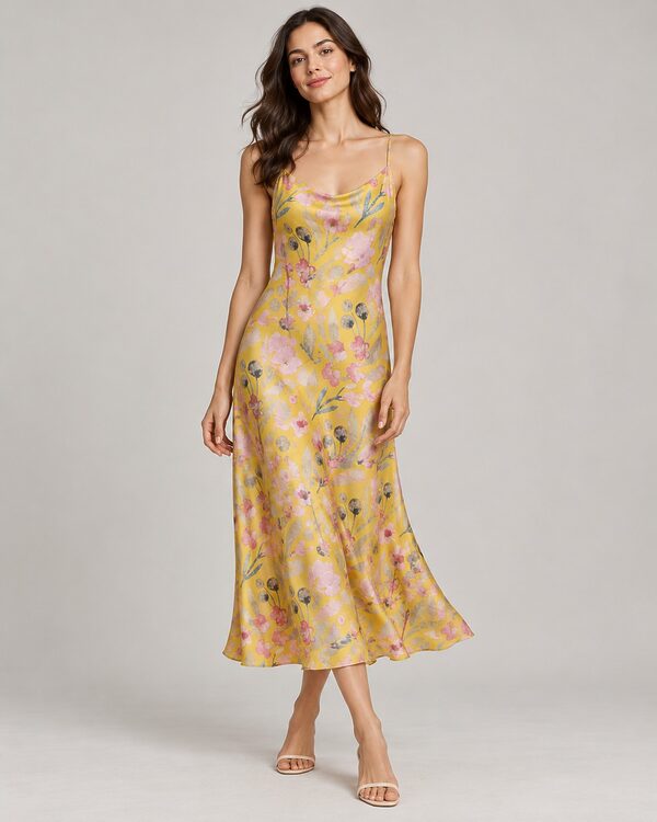 Silk bias-cut midi slip dress in a watercolor floral sprigs with slender leaves and round buds print.
