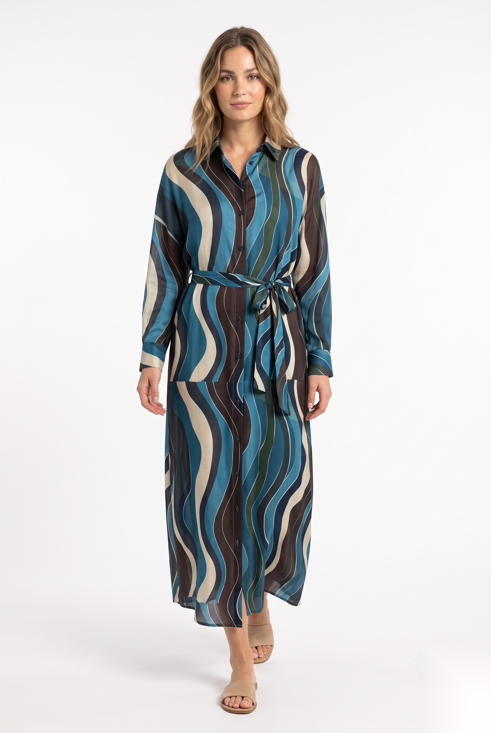 Silk long-sleeve maxi shirt dress in a fluid vertical wavy bands with thin contour lines print.