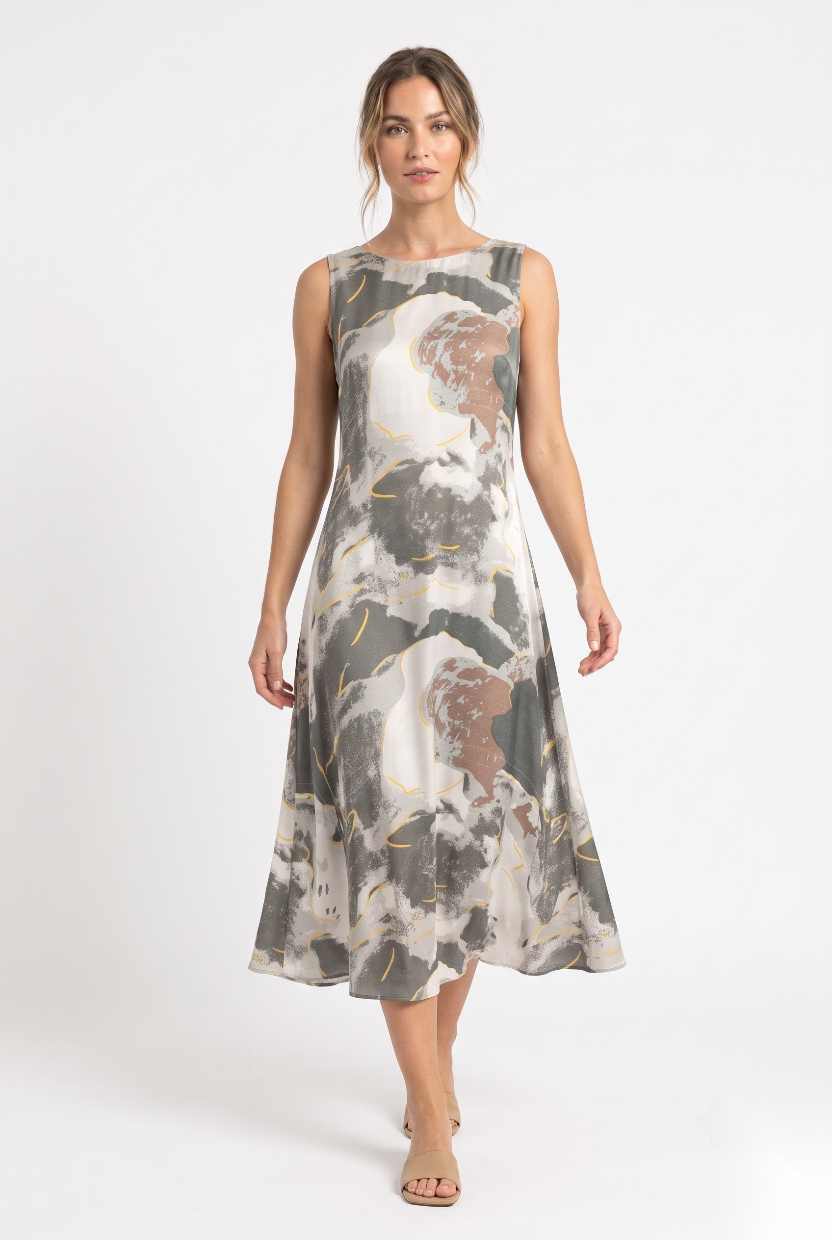 Silk sleeveless A-line midi dress in a large abstract watercolor washes with thin scribbled line overlays print.