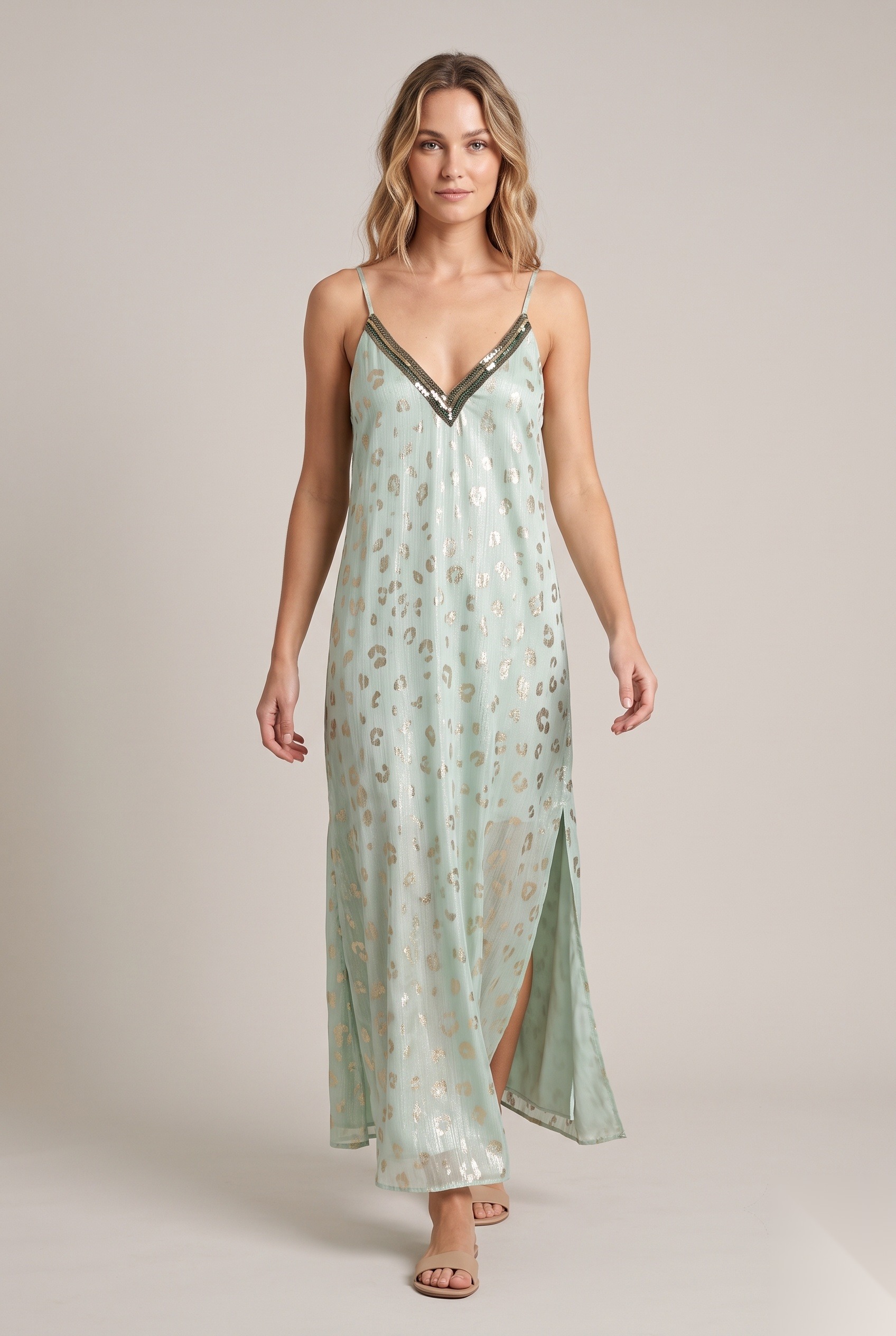 Silk cami maxi dress with a side slit in a metallic textured leopard rosette print.