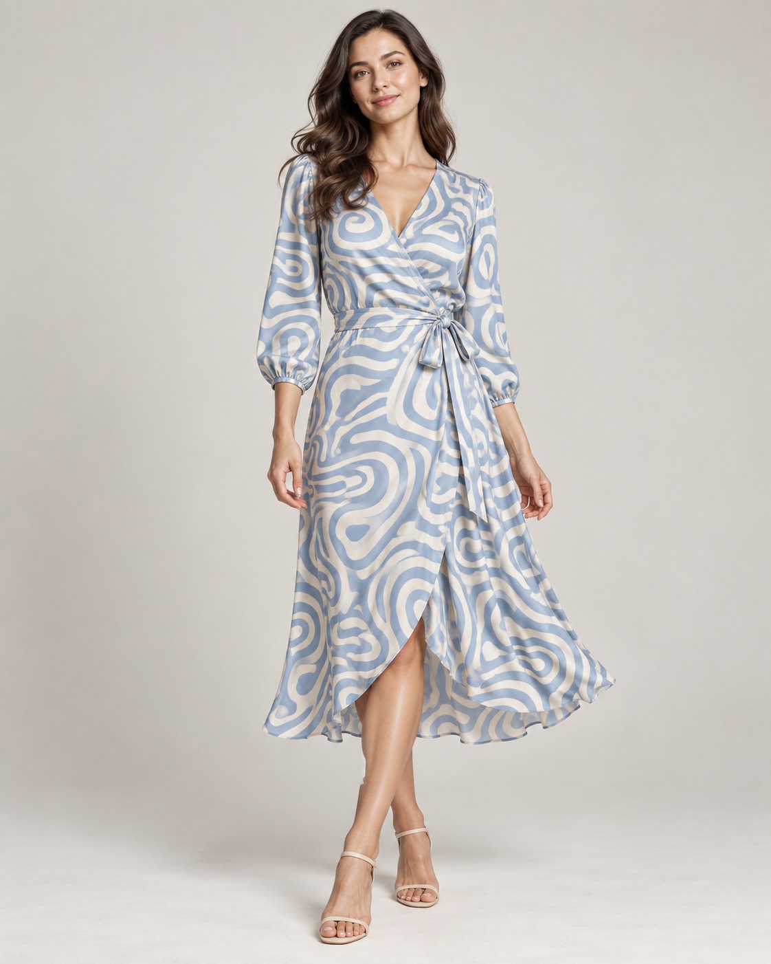 Silk wrap midi dress in a retro psychedelic undulating contour swirls print.