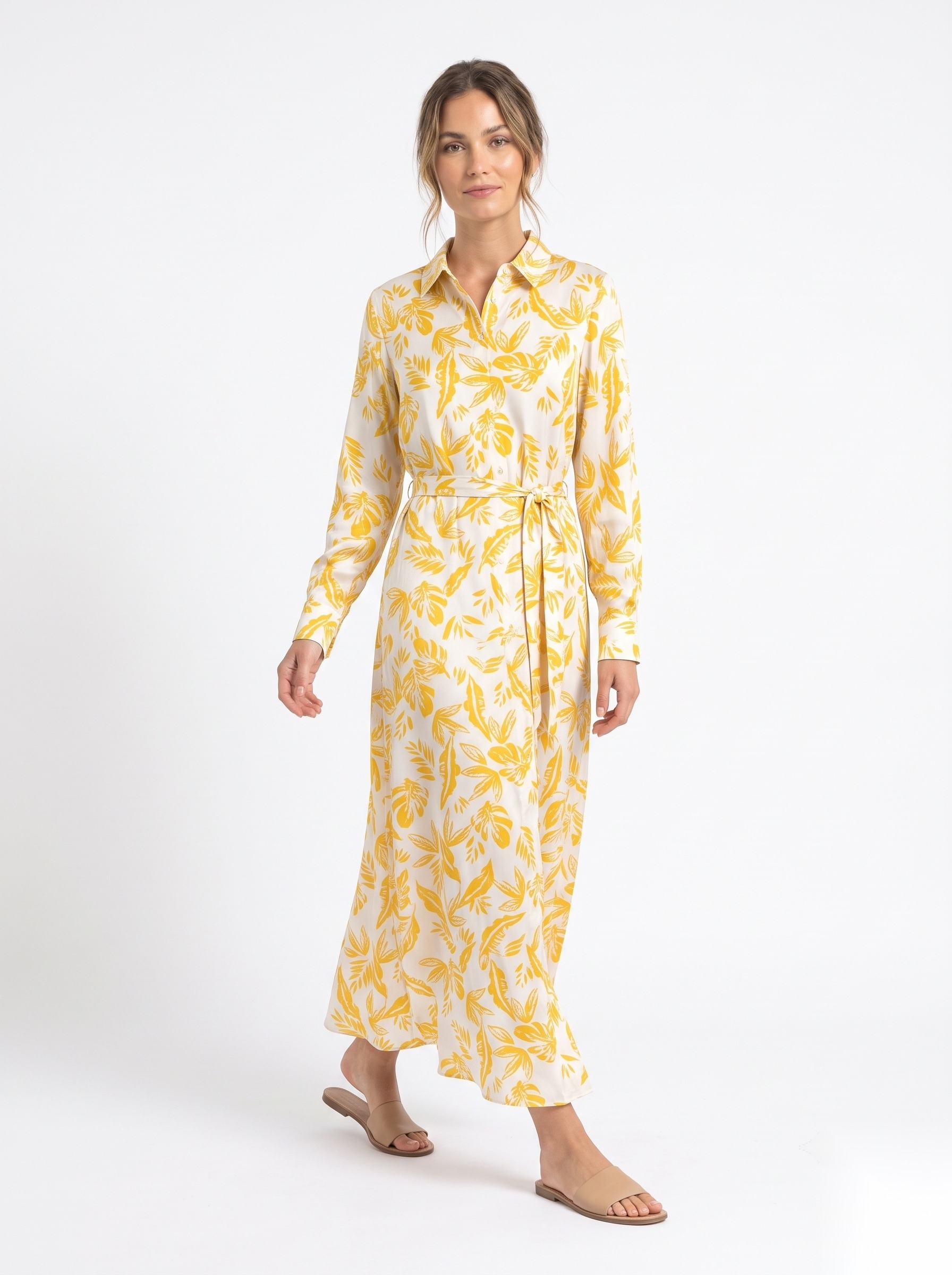 Silk long-sleeve maxi shirt dress in a all-over stylized leafy foliage and tropical fronds print.