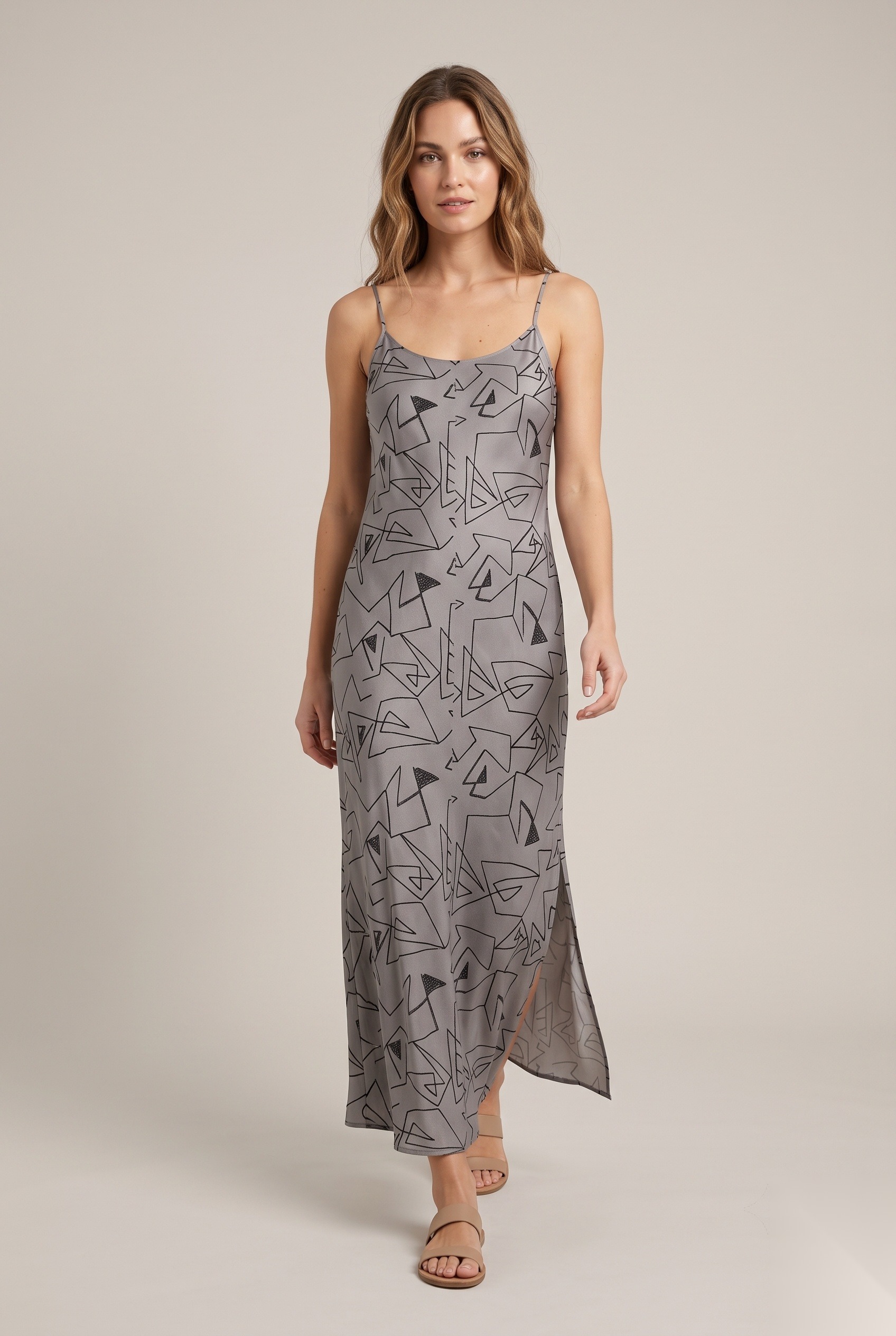 Silk cami maxi dress with a side slit in a continuous-line angular geometric scribble print.