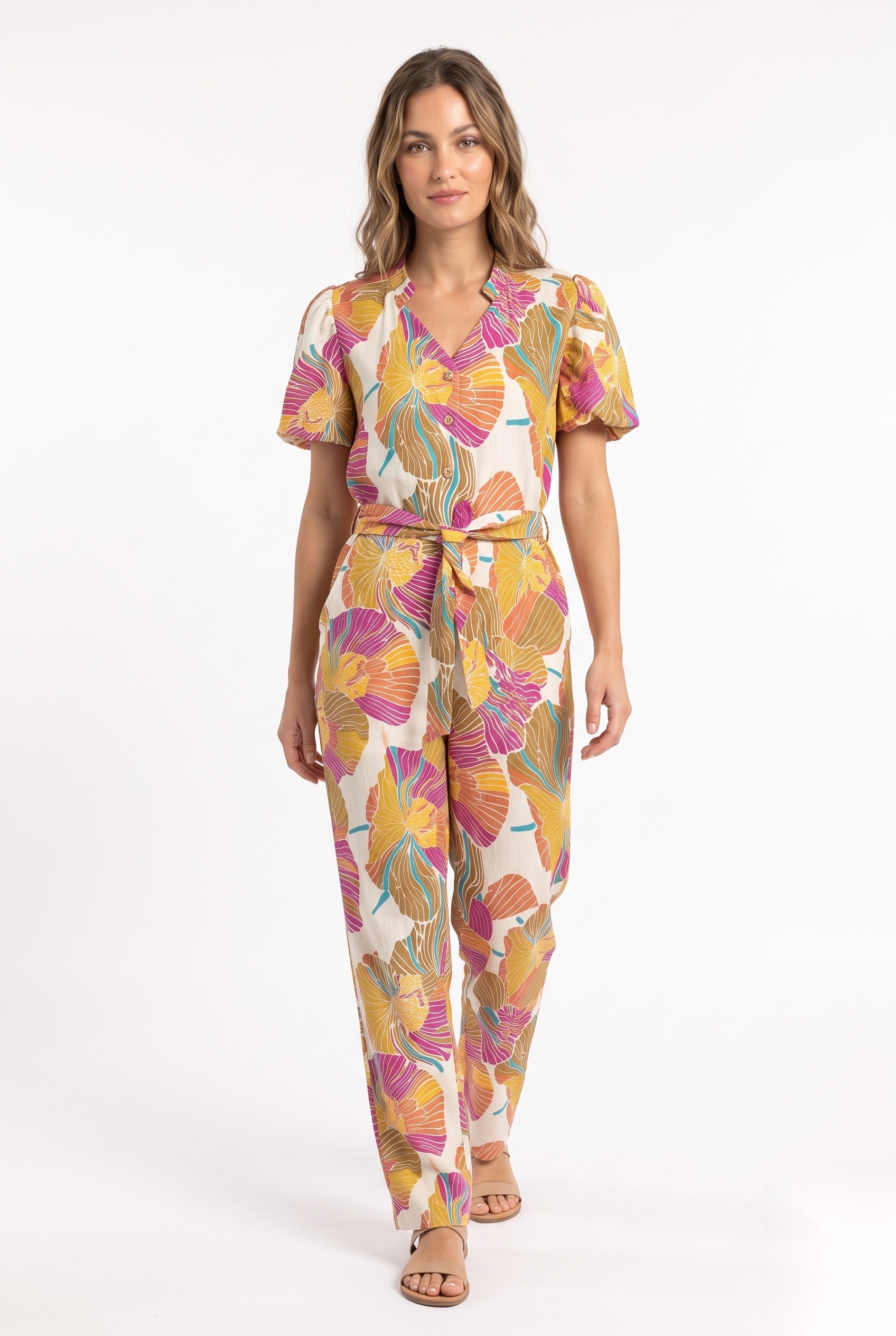 Linen button-front jumpsuit in a large stylized radiating linework fan blooms print.